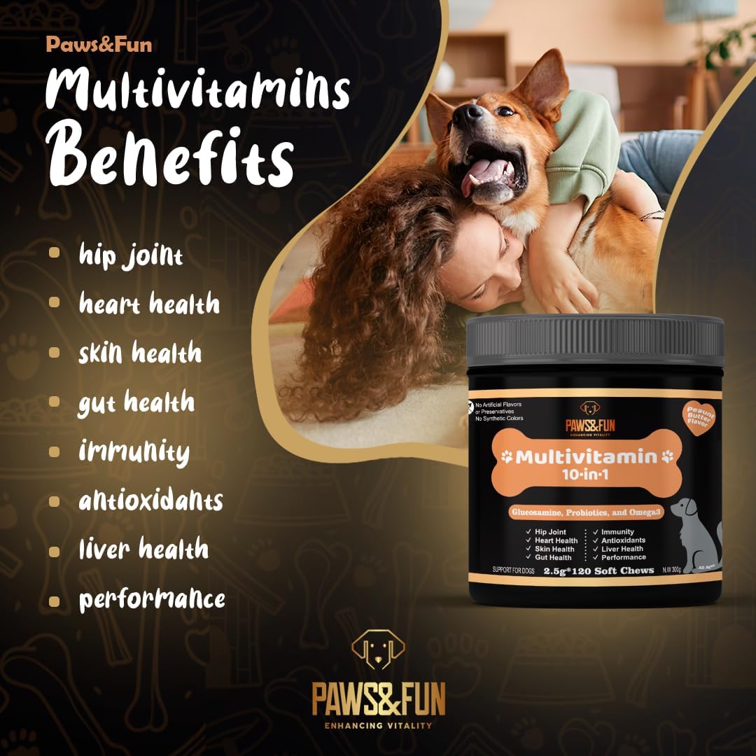 Dog Multivitamin Chews with Glucosamine, Probiotics, and Omega 3 for Hip, Joint, Digestion, Skin, and Coat - 10-in-1 Peanut Butter Supplement (120ct)