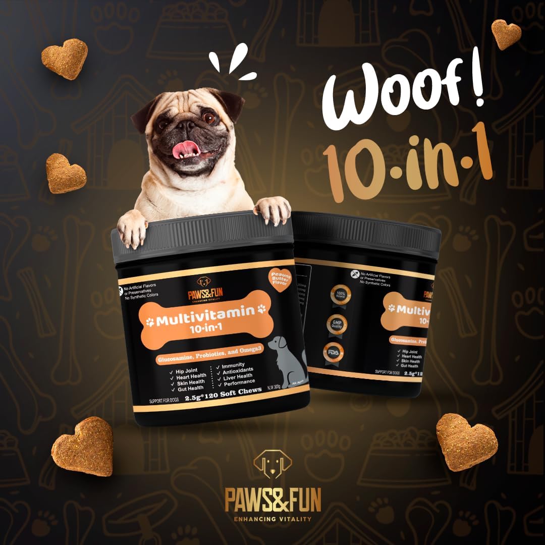 Dog Multivitamin Chews with Glucosamine, Probiotics, and Omega 3 for Hip, Joint, Digestion, Skin, and Coat - 10-in-1 Peanut Butter Supplement (120ct)