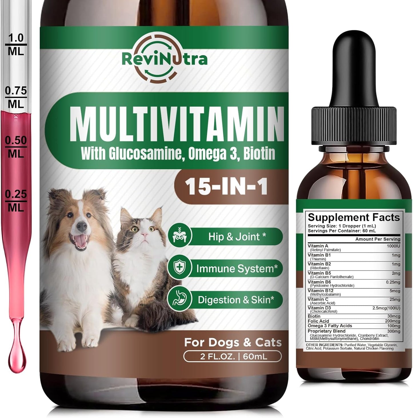 Dog Multivitamin Liquid Drops - 15 in 1 Pet Supplement for Joint, Gut, Immune, Digestion, Heart, Skin & Coat - 2 Fl Oz