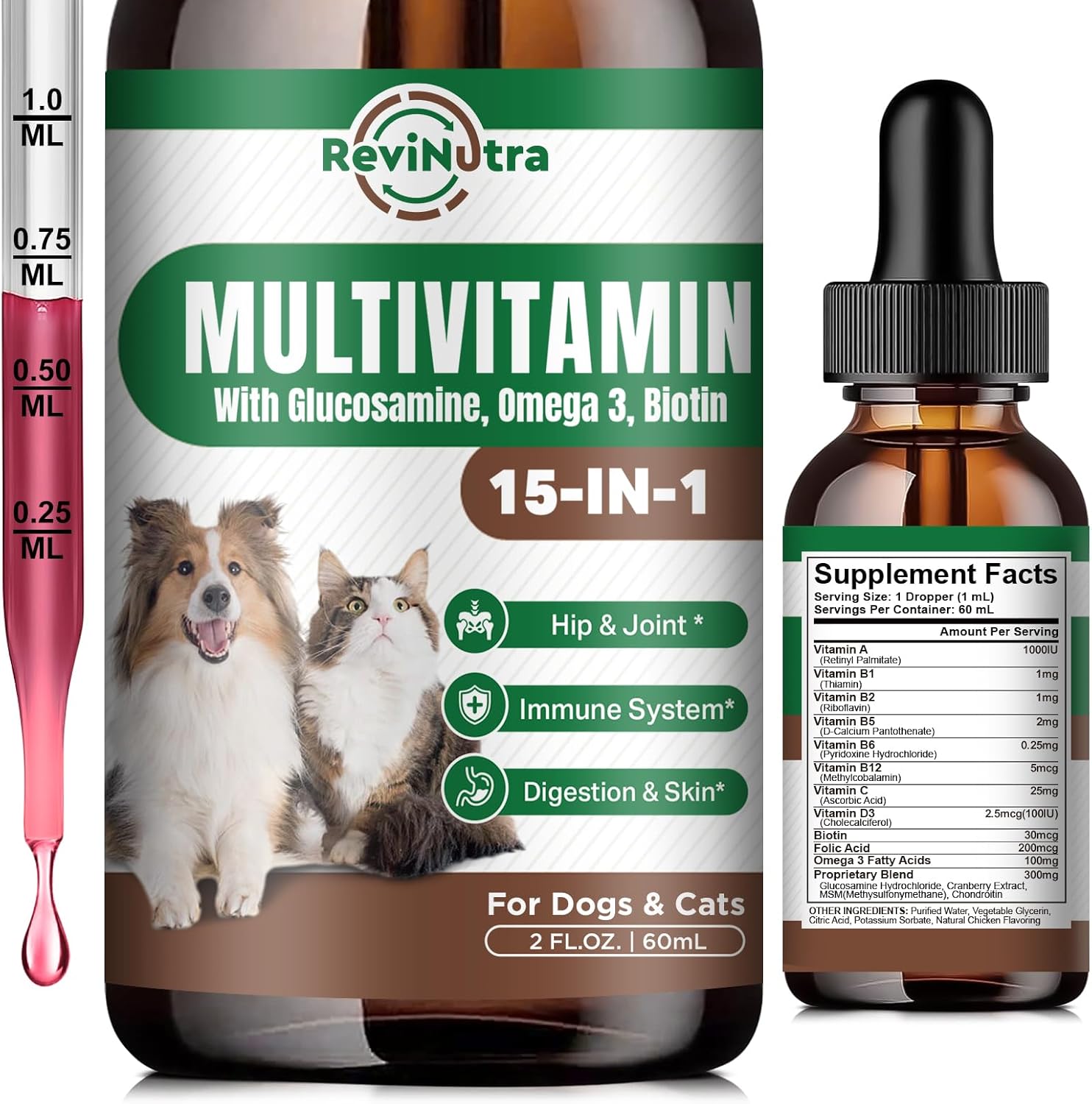 Dog Multivitamin Liquid Drops - 15 in 1 Pet Supplement for Joint, Gut, Immune, Digestion, Heart, Skin & Coat - 2 Fl Oz