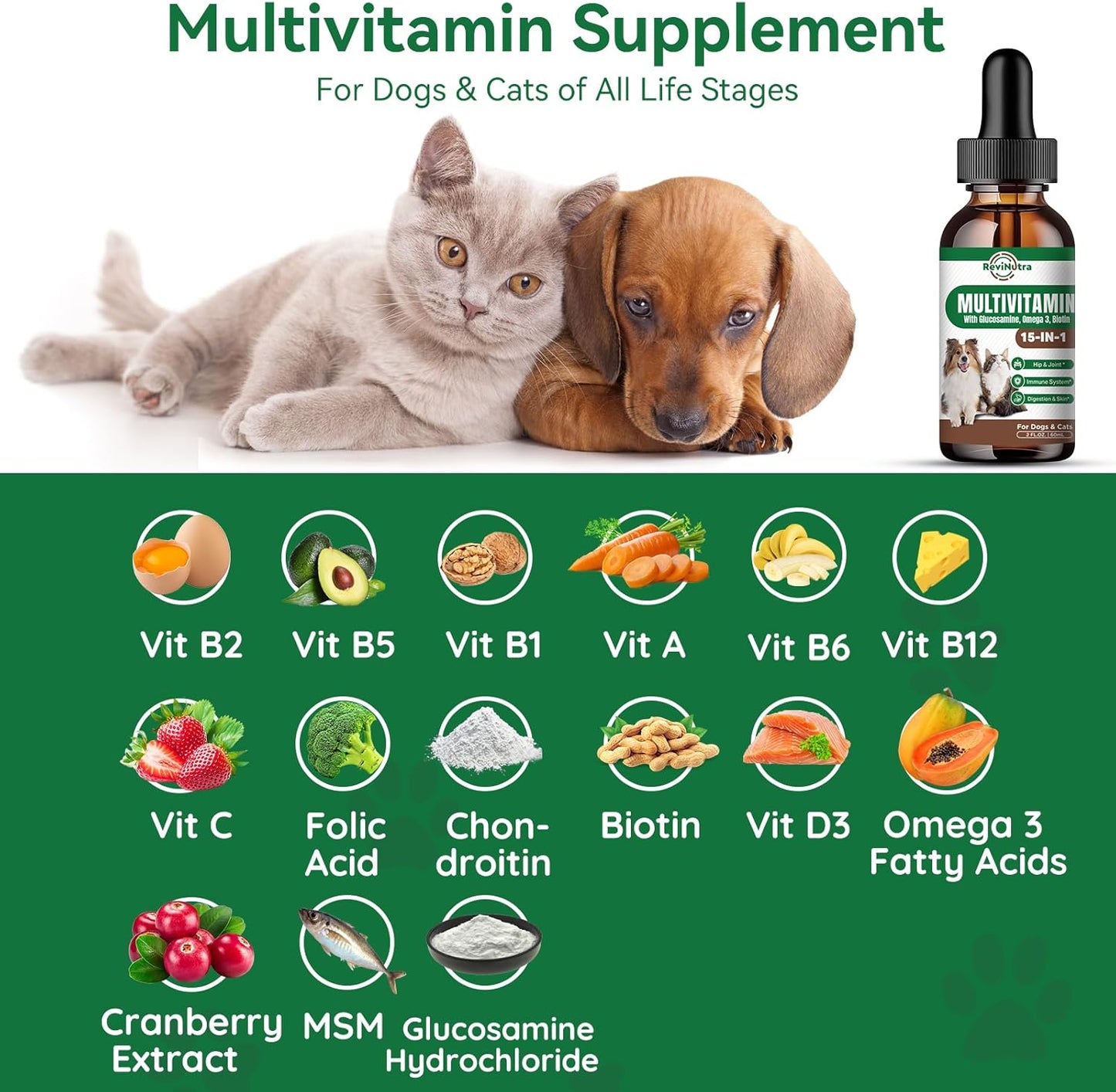 Dog Multivitamin Liquid Drops - 15 in 1 Pet Supplement for Joint, Gut, Immune, Digestion, Heart, Skin & Coat - 2 Fl Oz