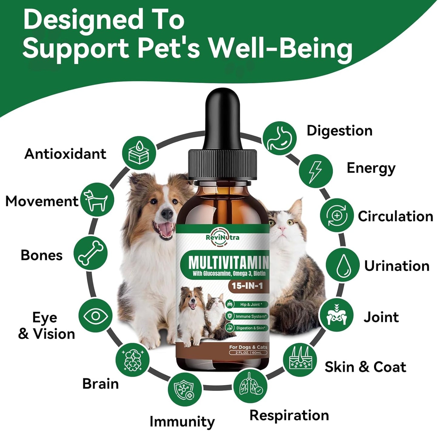 Dog Multivitamin Liquid Drops - 15 in 1 Pet Supplement for Joint, Gut, Immune, Digestion, Heart, Skin & Coat - 2 Fl Oz