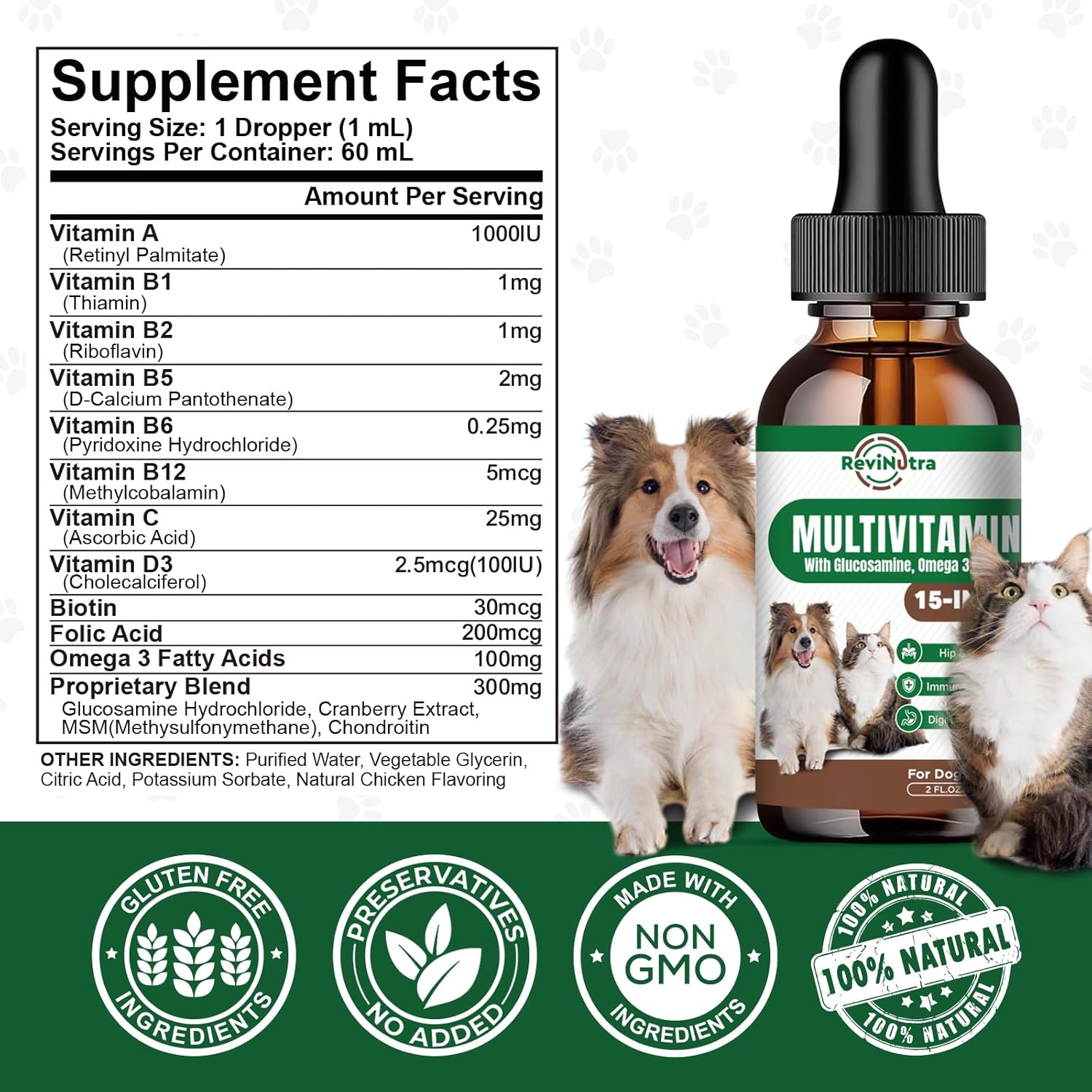 Dog Multivitamin Liquid Drops - 15 in 1 Pet Supplement for Joint, Gut, Immune, Digestion, Heart, Skin & Coat - 2 Fl Oz