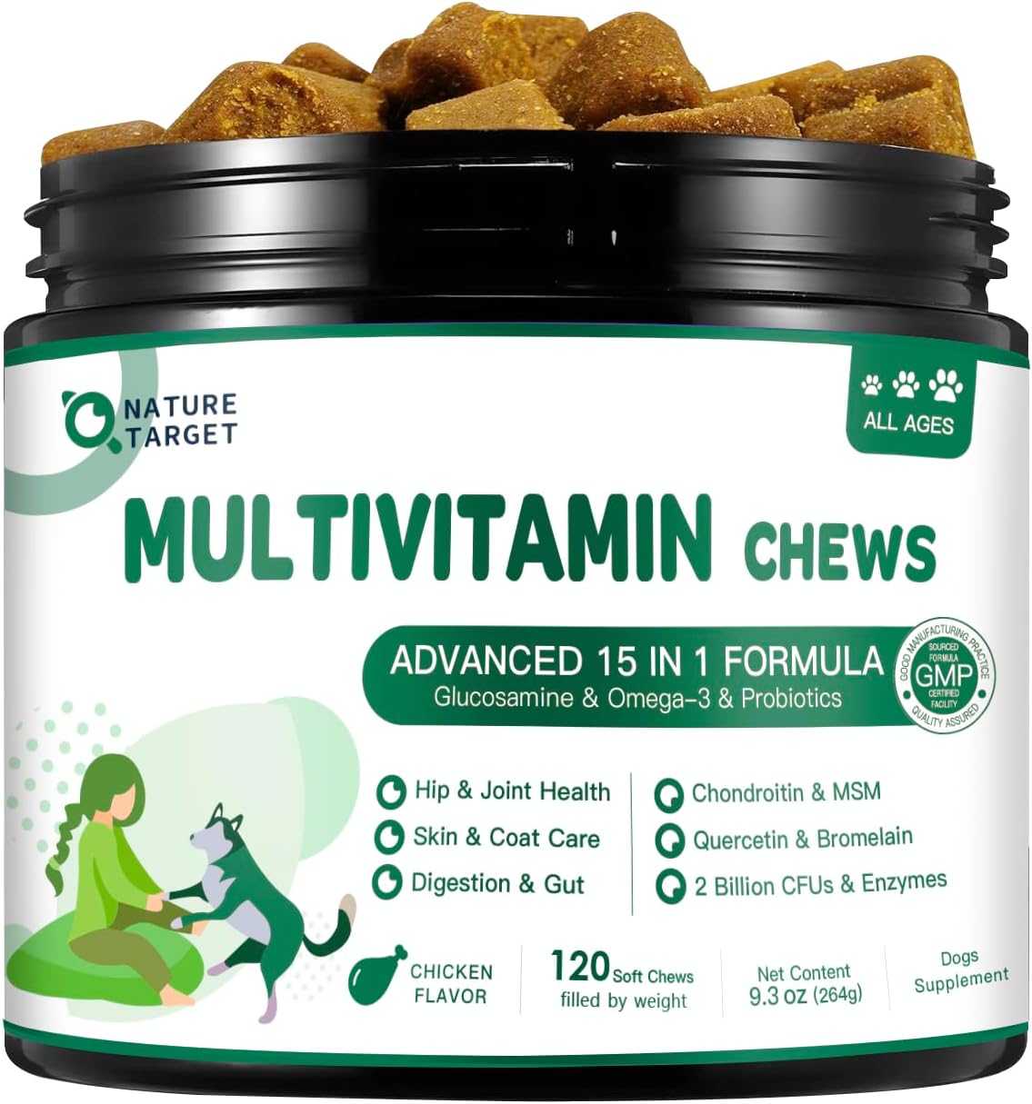 Dog Multivitamin Soft Chews with MSM, Glucosamine, Omegas, Probiotics - Joint, Skin & Coat, Immune Support - 120 Count