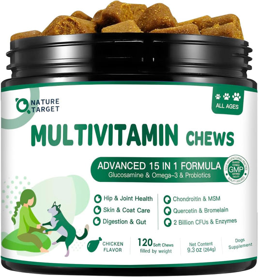 Dog Multivitamin Soft Chews with MSM, Glucosamine, Omegas, Probiotics - Joint, Skin & Coat, Immune Support - 120 Count