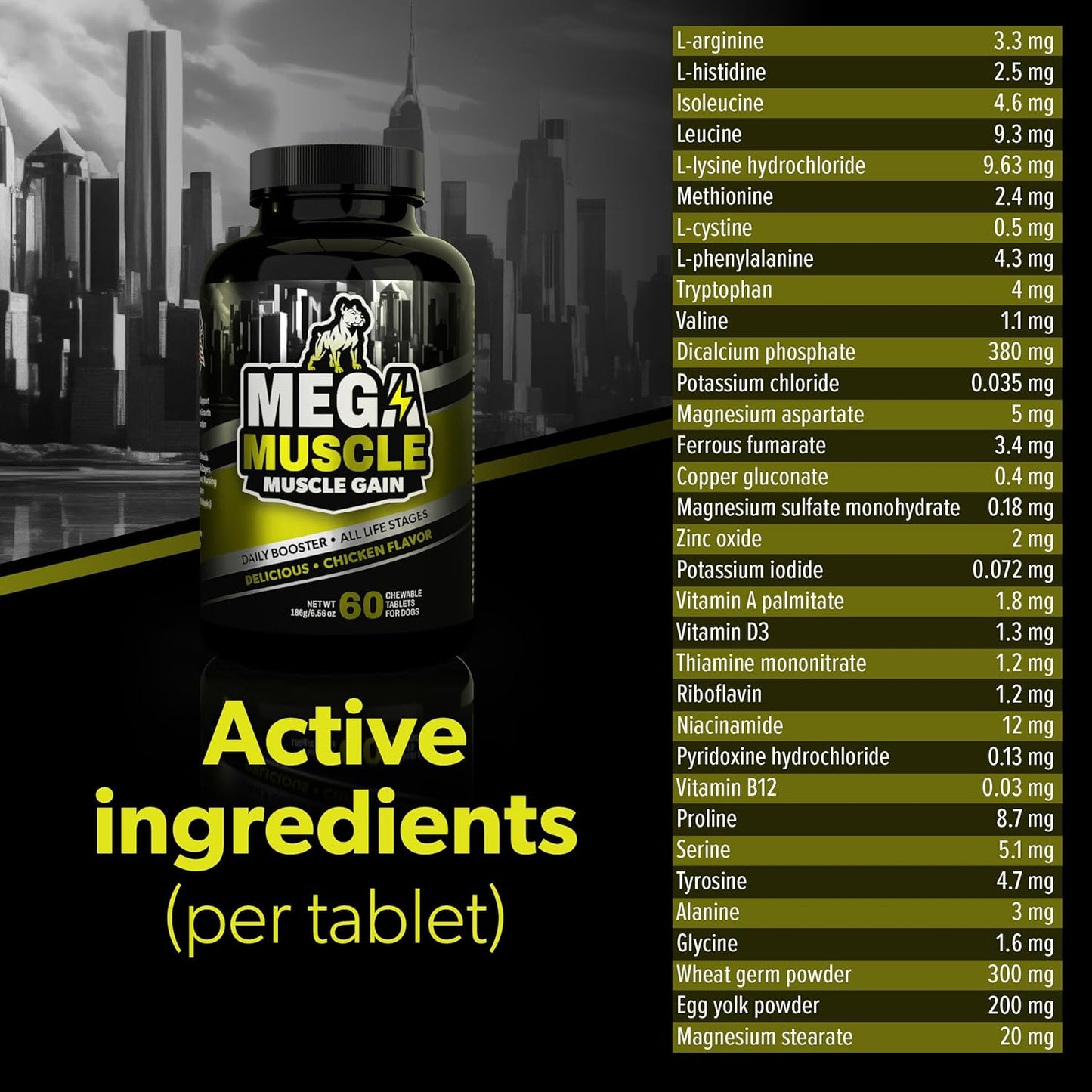 Dog Muscle Gain Chewable Tablets | 2-in-1 Daily Booster & Multivitamin | For All Life Stages | Puppy & Adult Dog Supplement | Chicken Flavor | 60 Tablets