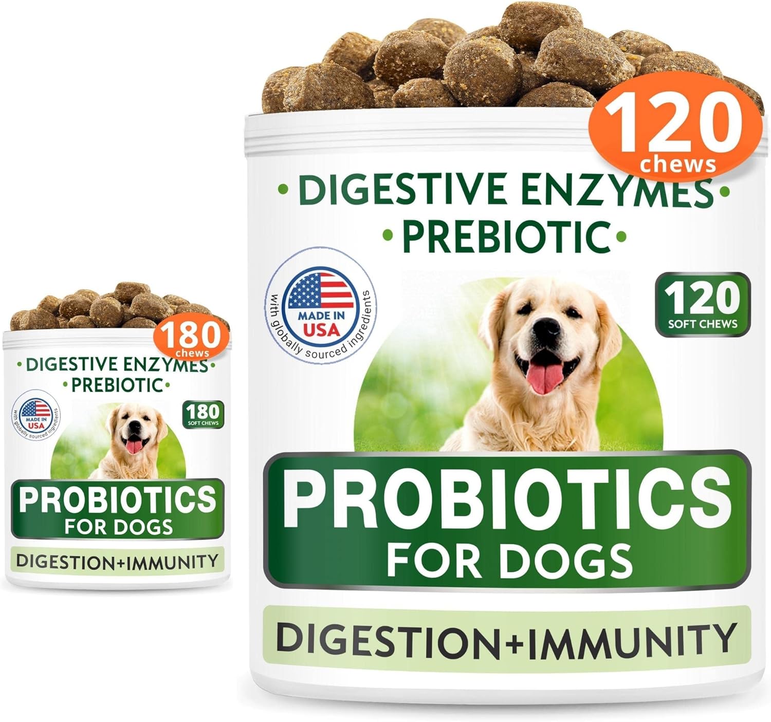Dog Probiotic Chews Bundle for Digestive Health - Gas, Diarrhea, Allergy Relief - Chewable Fiber Supplement with Enzymes & Prebiotics - 300 Soft Chews