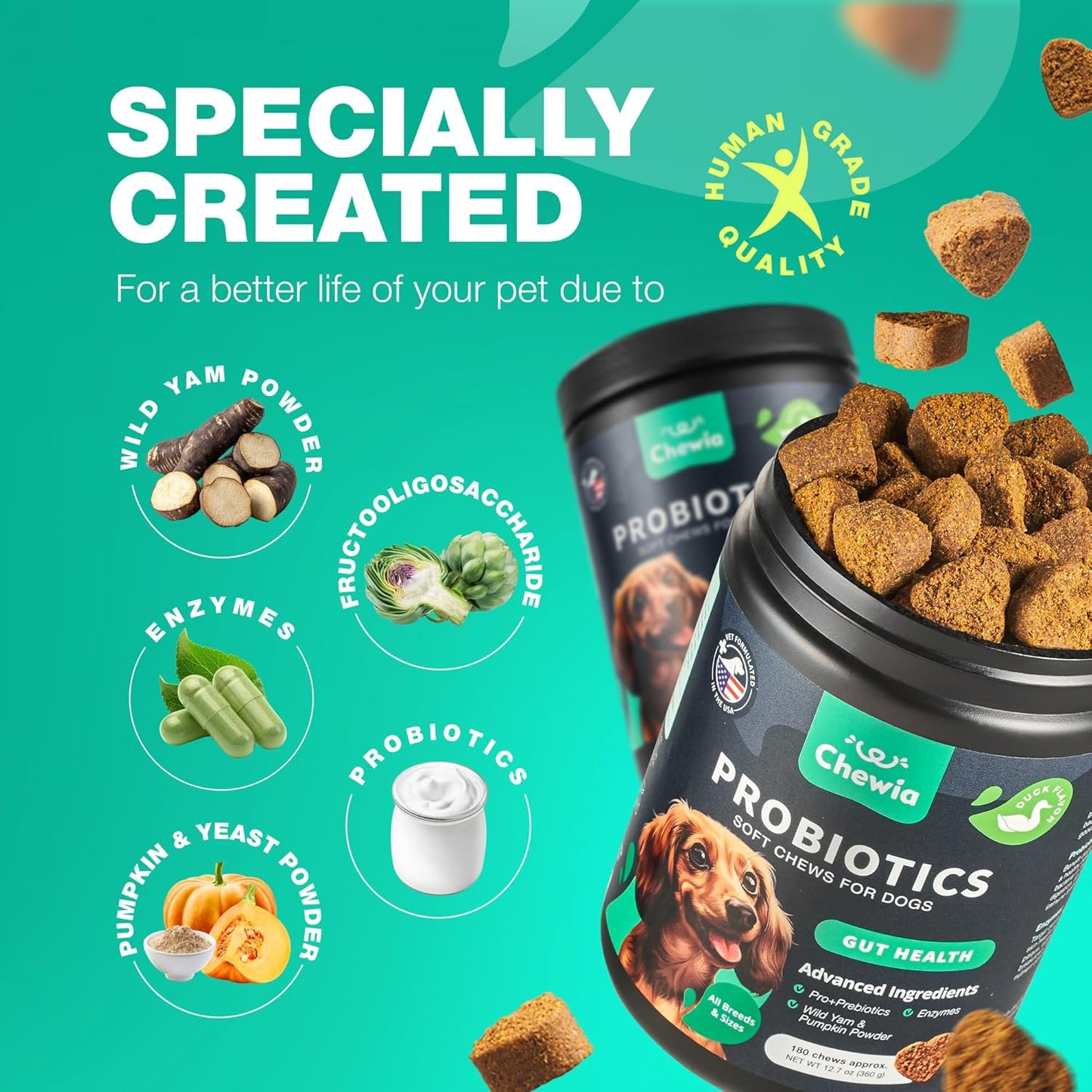 Dog Probiotic Chews with Digestive Enzymes for Gut Health, Immunity, and Skin Support - Soft Treats with Pumpkin and Yeast Powder for Dogs