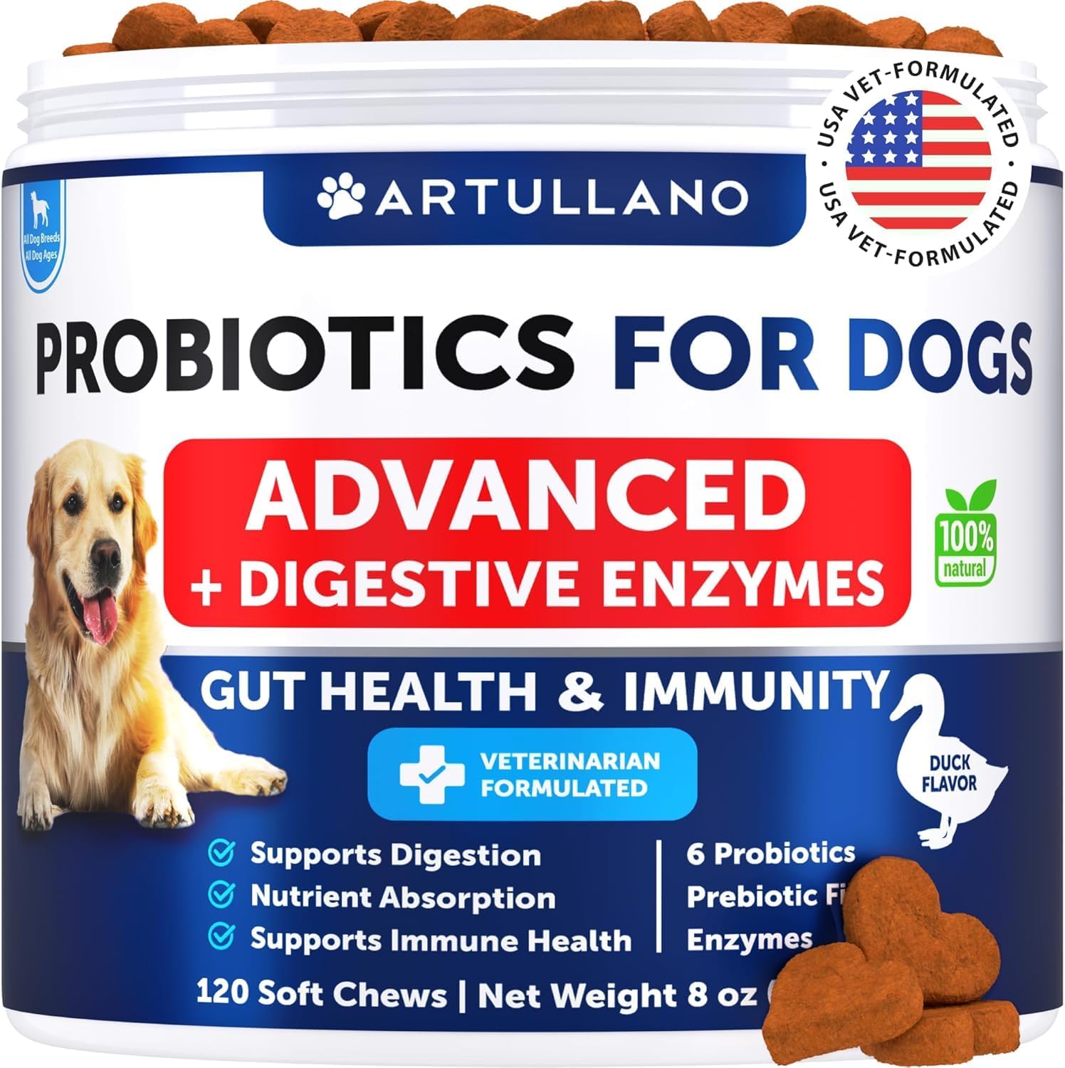 Dog Probiotic Chews with Prebiotics - Improve Gut Health, Skin, Allergies, Immunity - Digestive Enzymes for Dogs - Reduce Gas, Diarrhea - 120 Probiotics