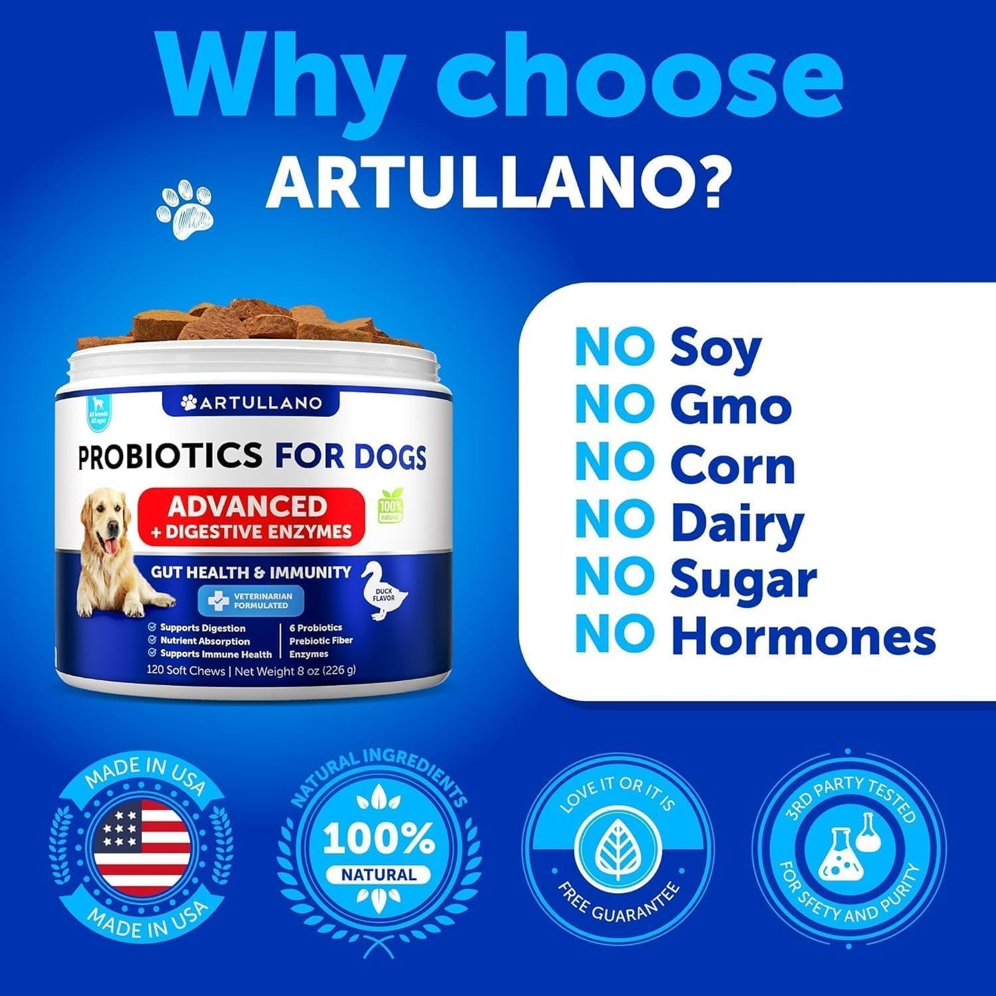 Dog Probiotic Chews with Prebiotics - Improve Gut Health, Skin, Allergies, Immunity - Digestive Enzymes for Dogs - Reduce Gas, Diarrhea - 120 Probiotics