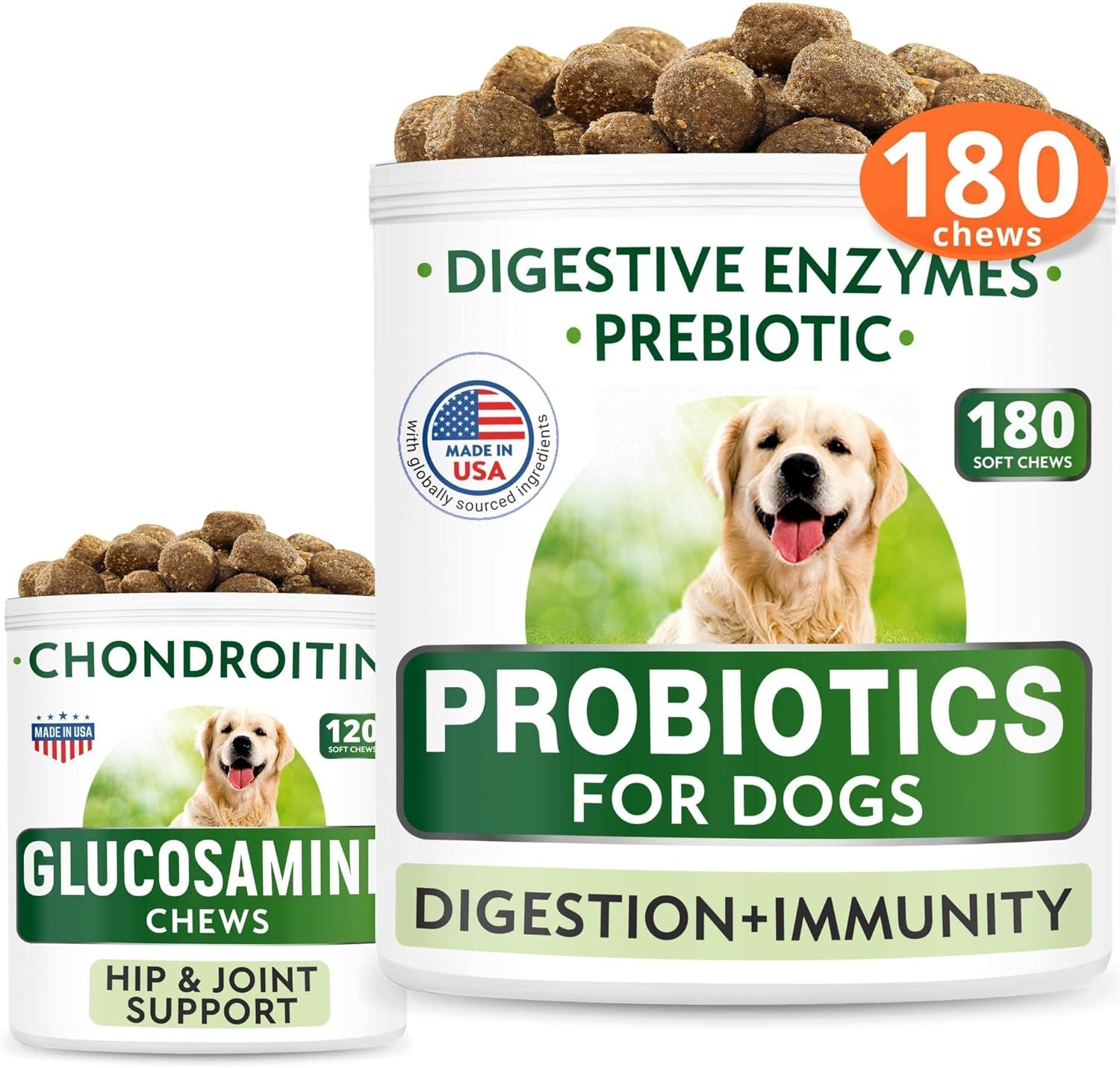 Dog Probiotics & Glucosamine Bundle for Digestive Health and Joint Care - Relief for Gas, Diarrhea, Allergies, Constipation, and Upset Stomach - 300 Soft Chews with Enzymes, Prebiotics, Chondroitin, MSM, Omega-3