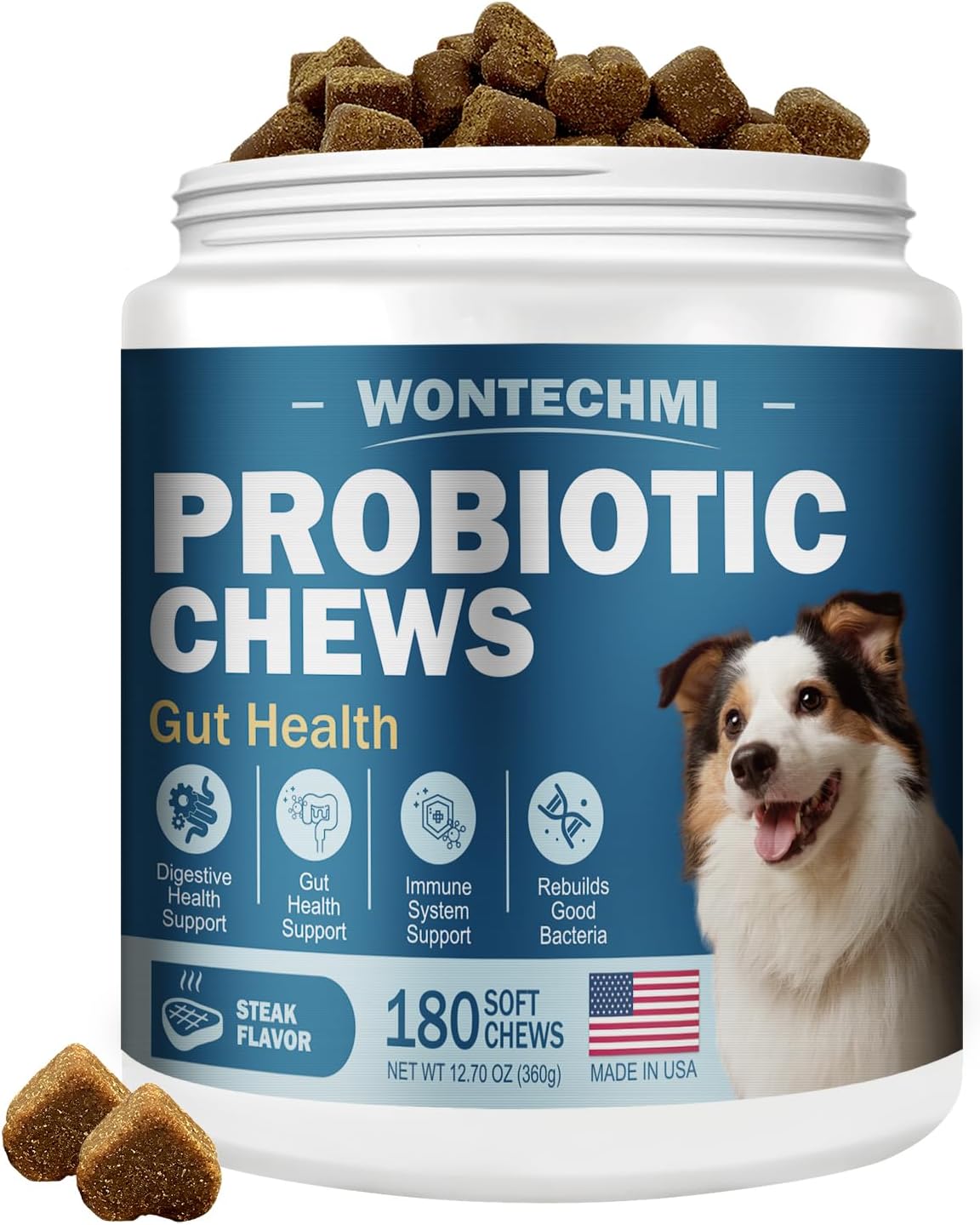 Dog Probiotics with Digestive Enzymes for Itchy Skin, Gut Health, Allergies, and Immunity - 180 Steak Chews