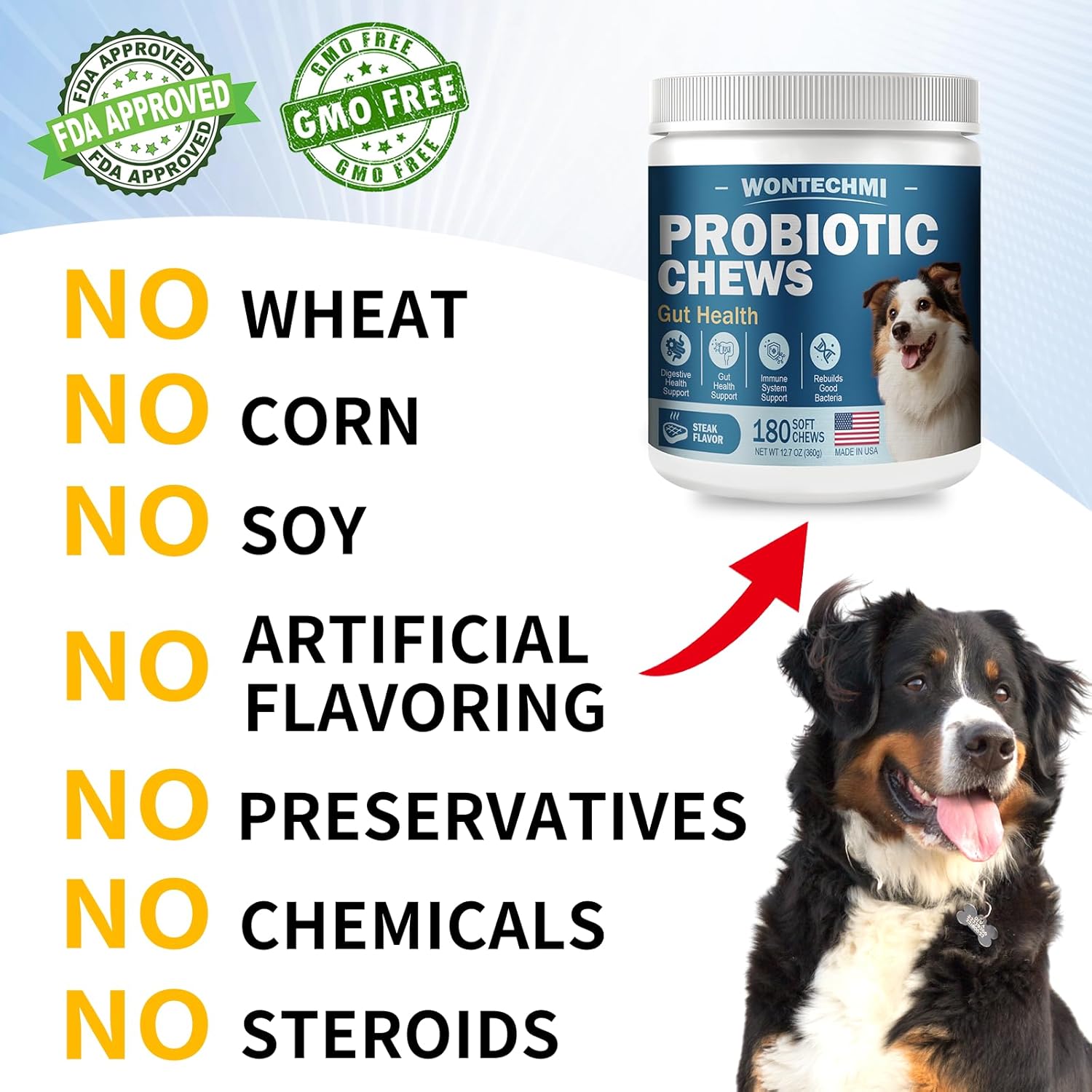 Dog Probiotics with Digestive Enzymes for Itchy Skin, Gut Health, Allergies, and Immunity - 180 Steak Chews
