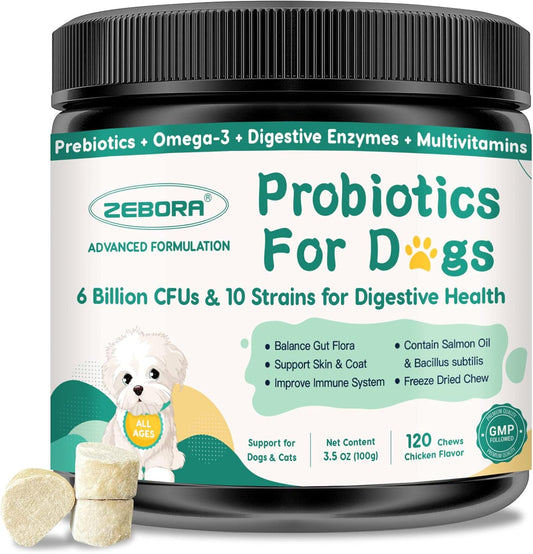 Dog Probiotics with Digestive Enzymes, Prebiotics, Omega-3, 6, Vitamins - 6 Billion CFUs, 120 Chews for Gut Health & Immune Support