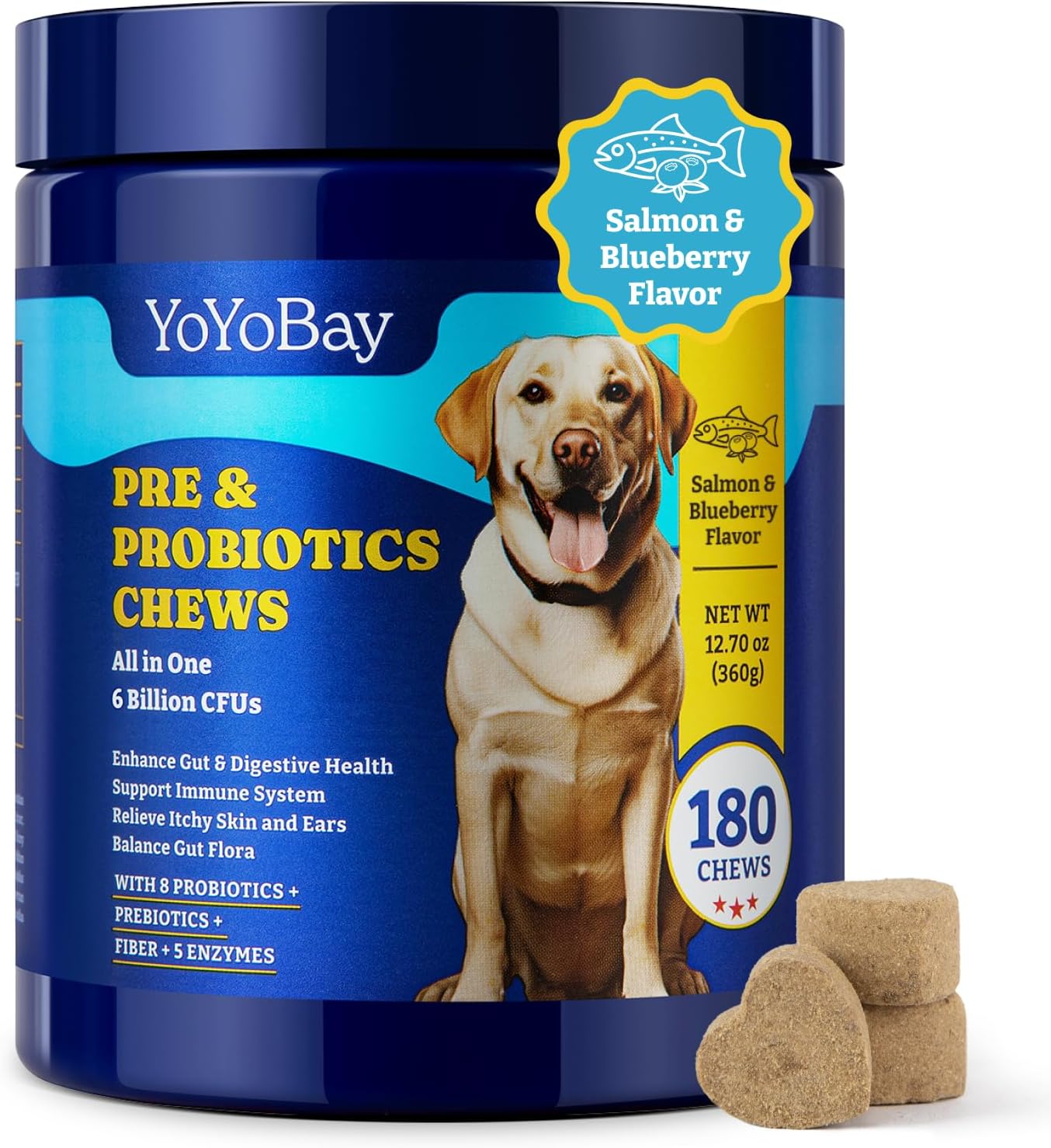Dog Probiotics with Prebiotics & Digestive Enzymes - Salmon & Blueberry Flavor - 6 Billion CFUs - Immune, Gut, Skin Health - 180 Soft Chews