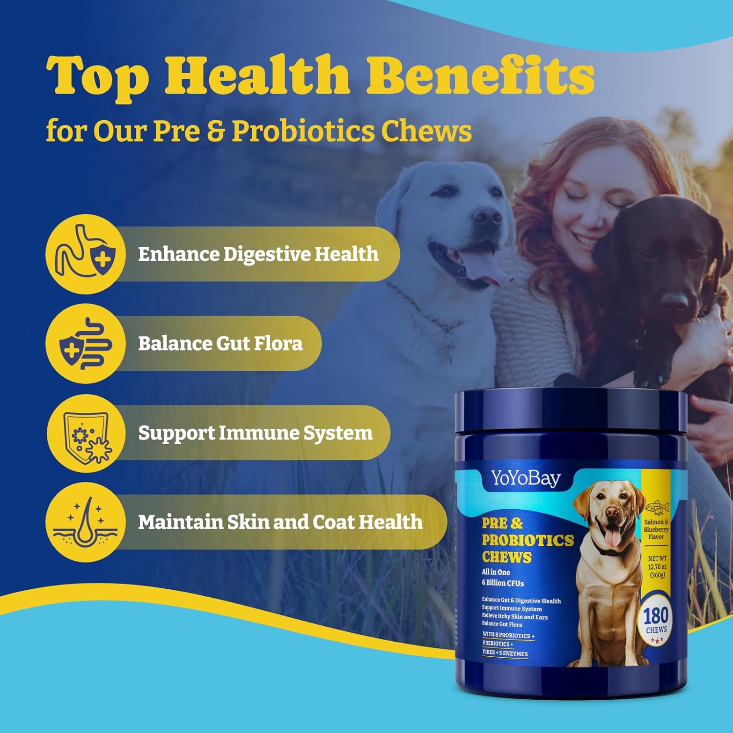 Dog Probiotics with Prebiotics & Digestive Enzymes - Salmon & Blueberry Flavor - 6 Billion CFUs - Immune, Gut, Skin Health - 180 Soft Chews