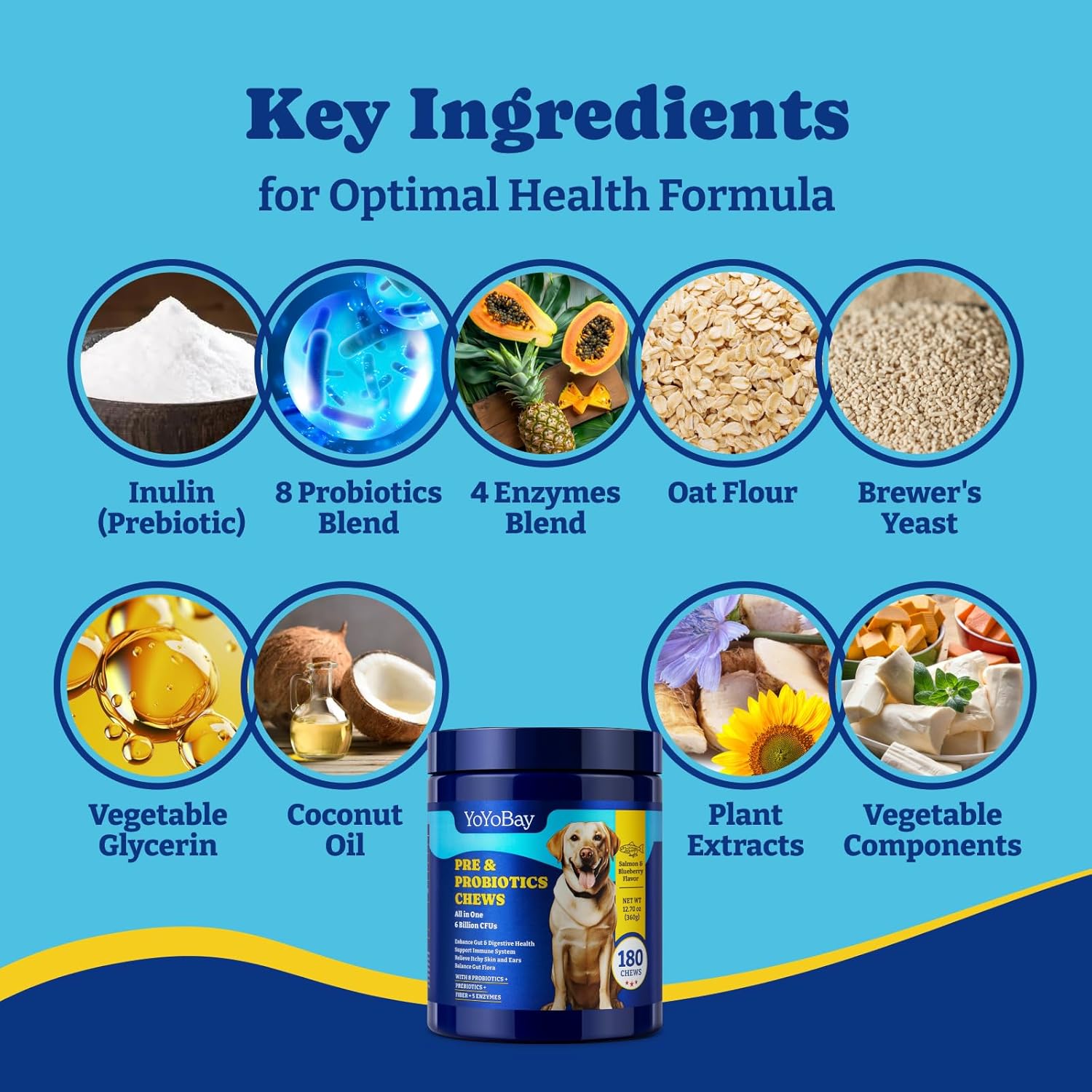 Dog Probiotics with Prebiotics & Digestive Enzymes - Salmon & Blueberry Flavor - 6 Billion CFUs - Immune, Gut, Skin Health - 180 Soft Chews