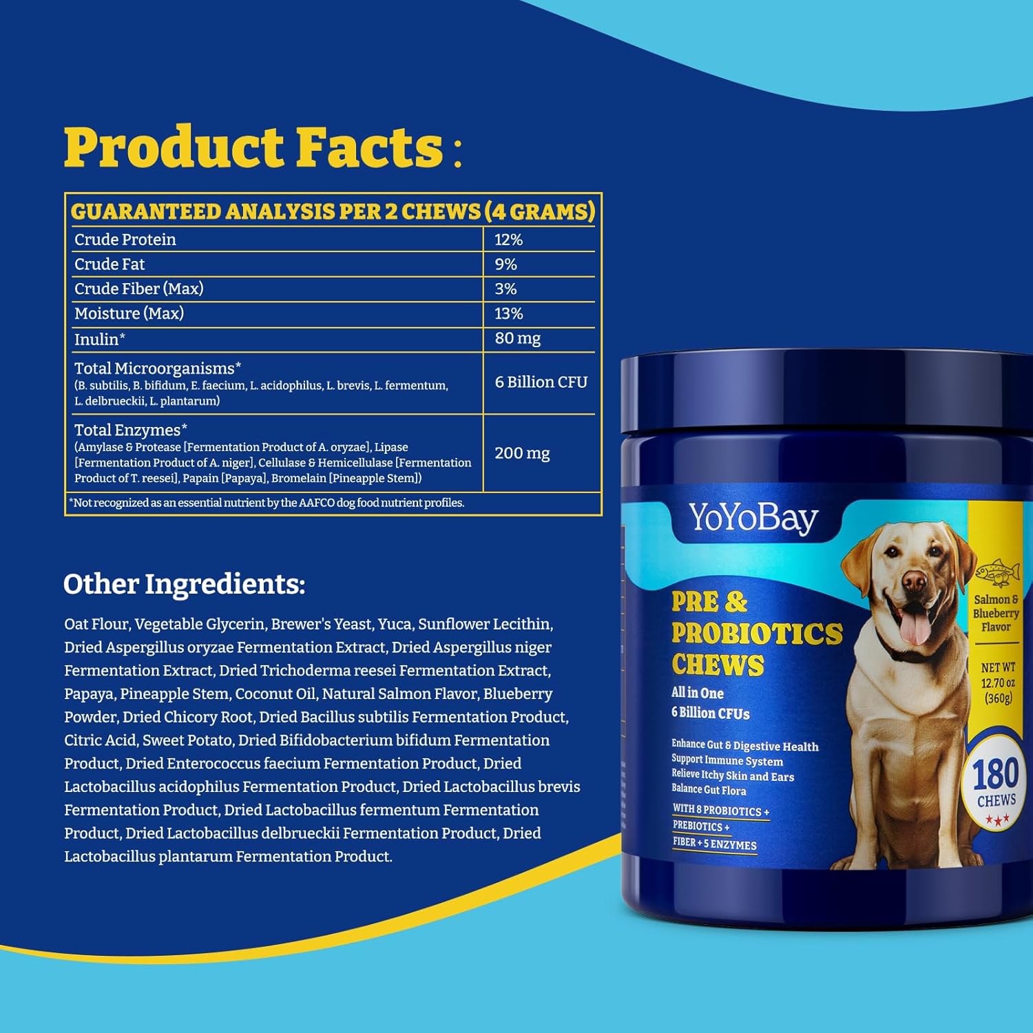 Dog Probiotics with Prebiotics & Digestive Enzymes - Salmon & Blueberry Flavor - 6 Billion CFUs - Immune, Gut, Skin Health - 180 Soft Chews