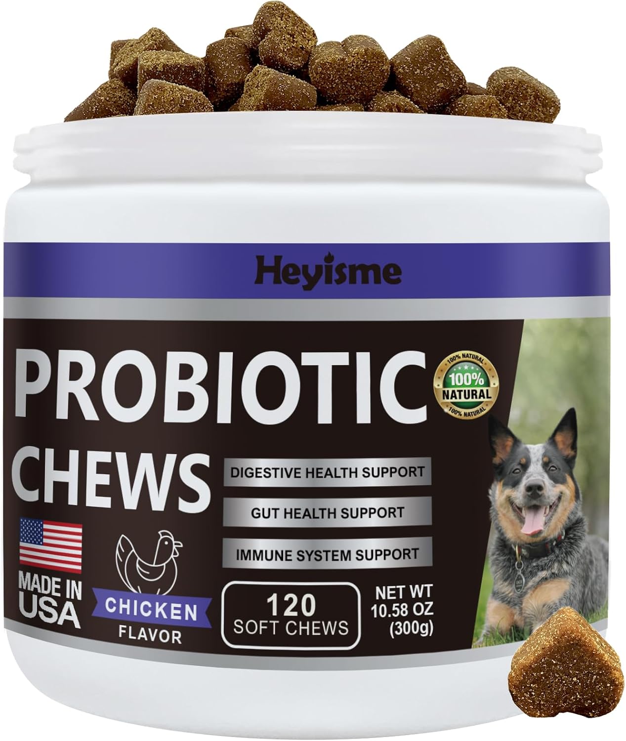 Dog Probiotics with Prebiotics for Yeast Balance, Itchy Skin, Gut Health, Allergies, Immunity - Chicken Flavored Chews (120 Count)