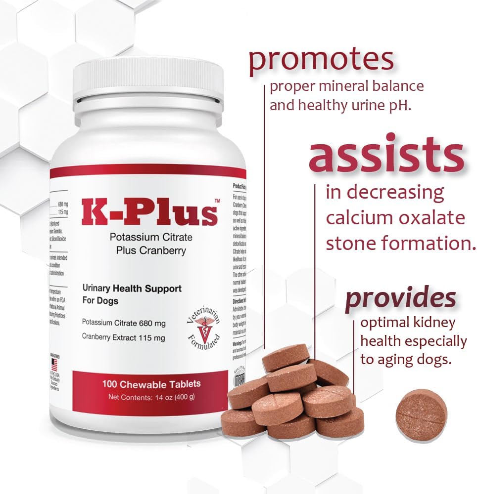 Dog UTI Remedy: K-Plus Potassium Citrate & Cranberry Supplement - Supports Bladder Health - 200 Chewable Tablets for All Breeds