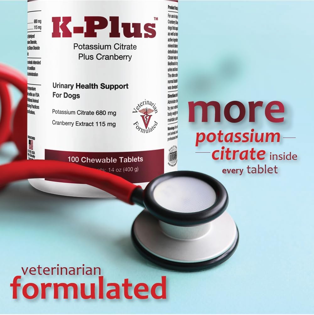 Dog UTI Remedy: K-Plus Potassium Citrate & Cranberry Supplement - Supports Bladder Health - 200 Chewable Tablets for All Breeds