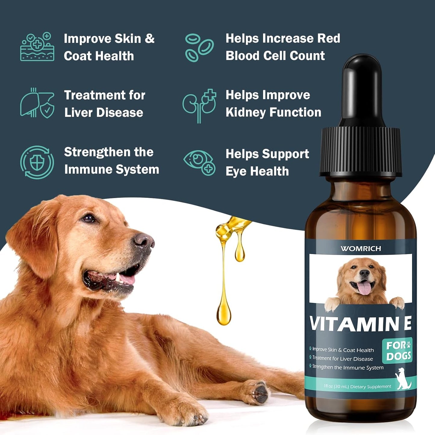 Dog Vitamin E Supplement for Skin & Coat Health, Liver Disease Support, Immune System Booster - Natural Formula for All Breeds & Ages - 30 ML Dropper