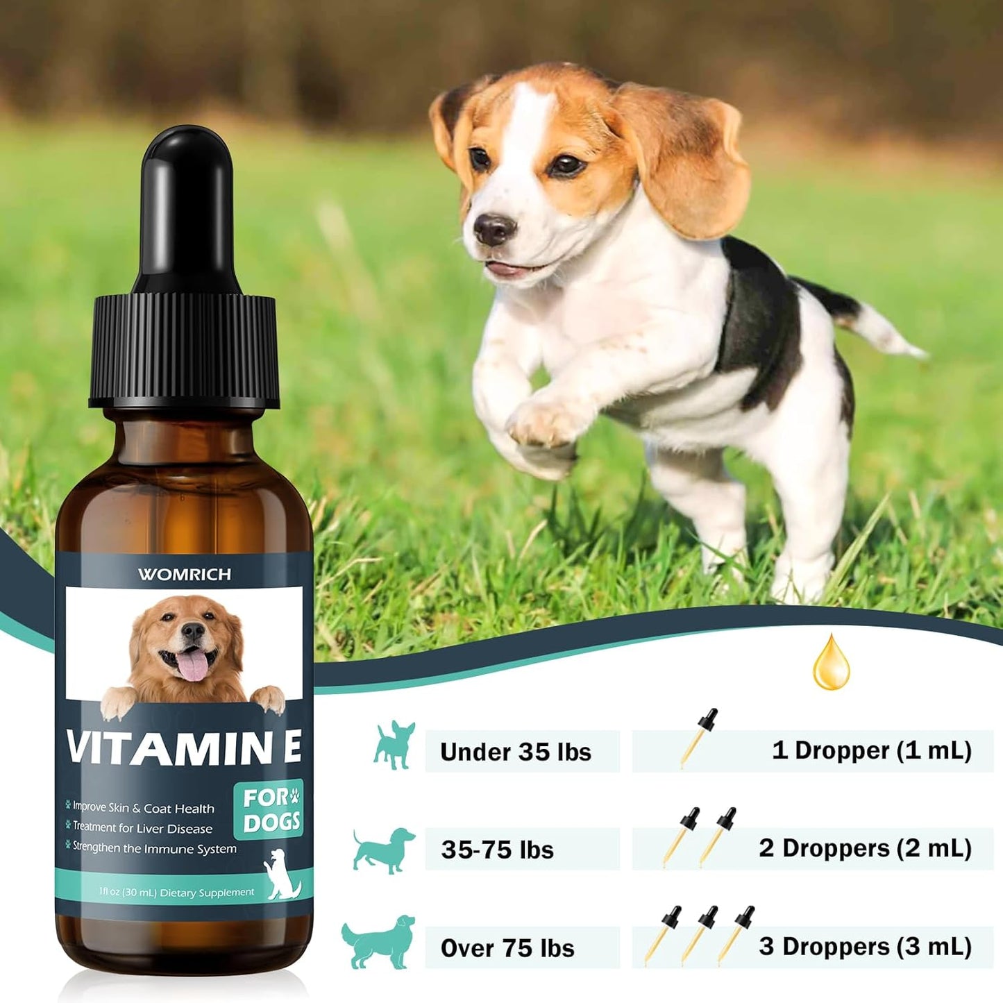 Dog Vitamin E Supplement for Skin & Coat Health, Liver Disease Support, Immune System Booster - Natural Formula for All Breeds & Ages - 30 ML Dropper