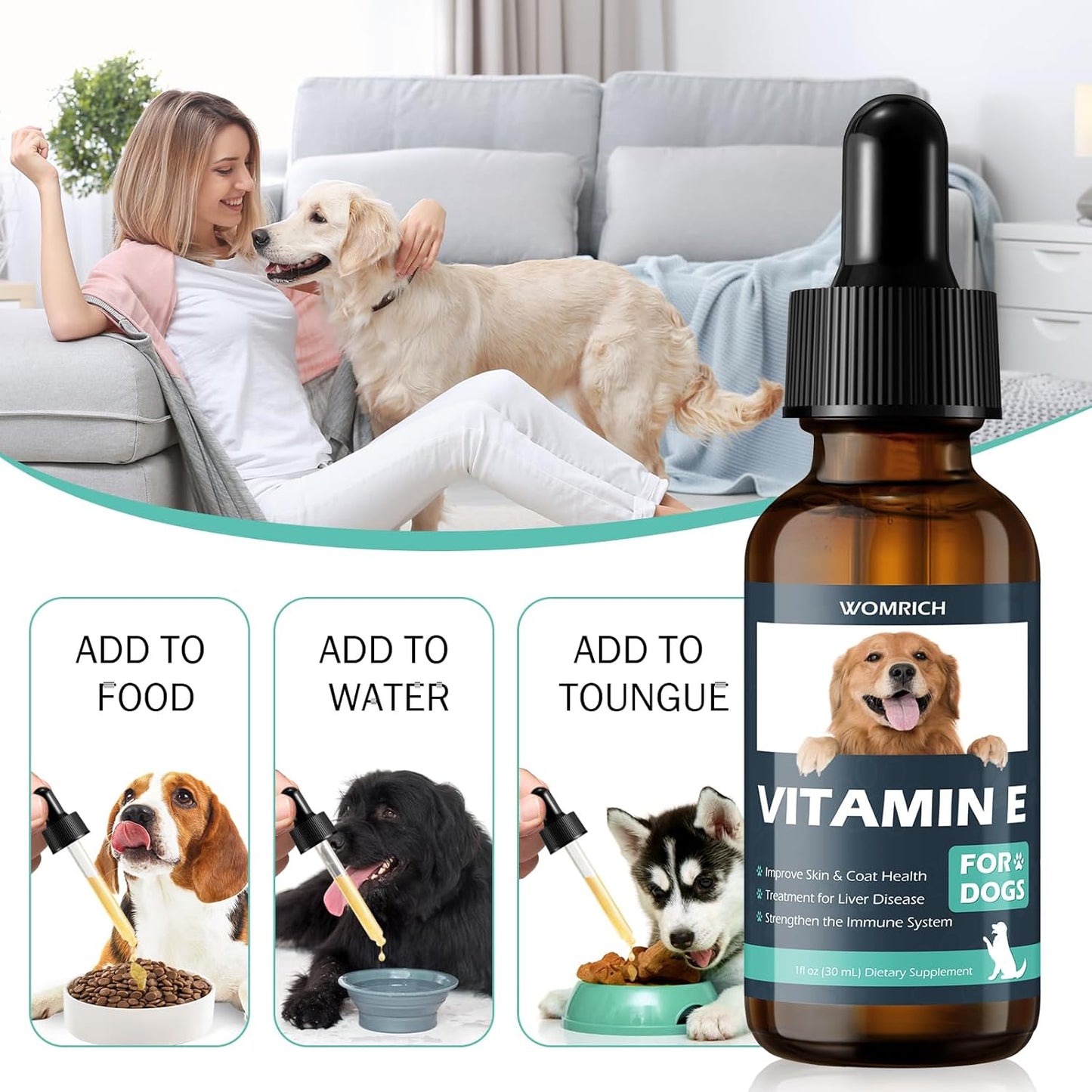 Dog Vitamin E Supplement for Skin & Coat Health, Liver Disease Support, Immune System Booster - Natural Formula for All Breeds & Ages - 30 ML Dropper