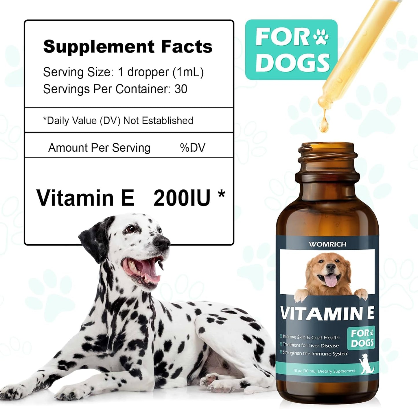 Dog Vitamin E Supplement for Skin & Coat Health, Liver Disease Support, Immune System Booster - Natural Formula for All Breeds & Ages - 30 ML Dropper