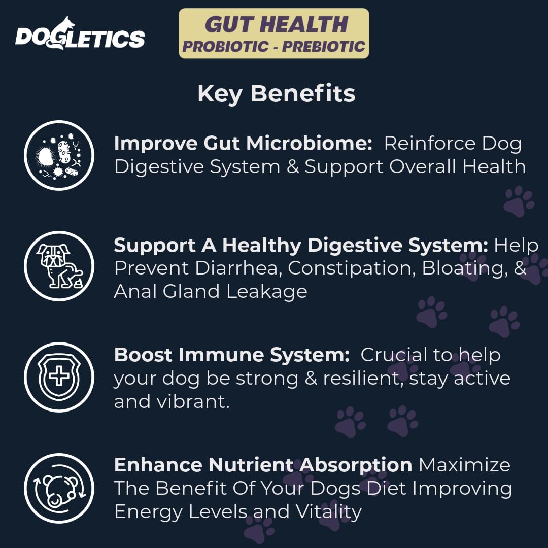 Dogletics 90ct Probiotic & Prebiotic for Gut Health - Supports Stomach Microbiome, Prevents Digestive Problems, Reduces Anal Gland Issues, Boosts Immune Function and Energy