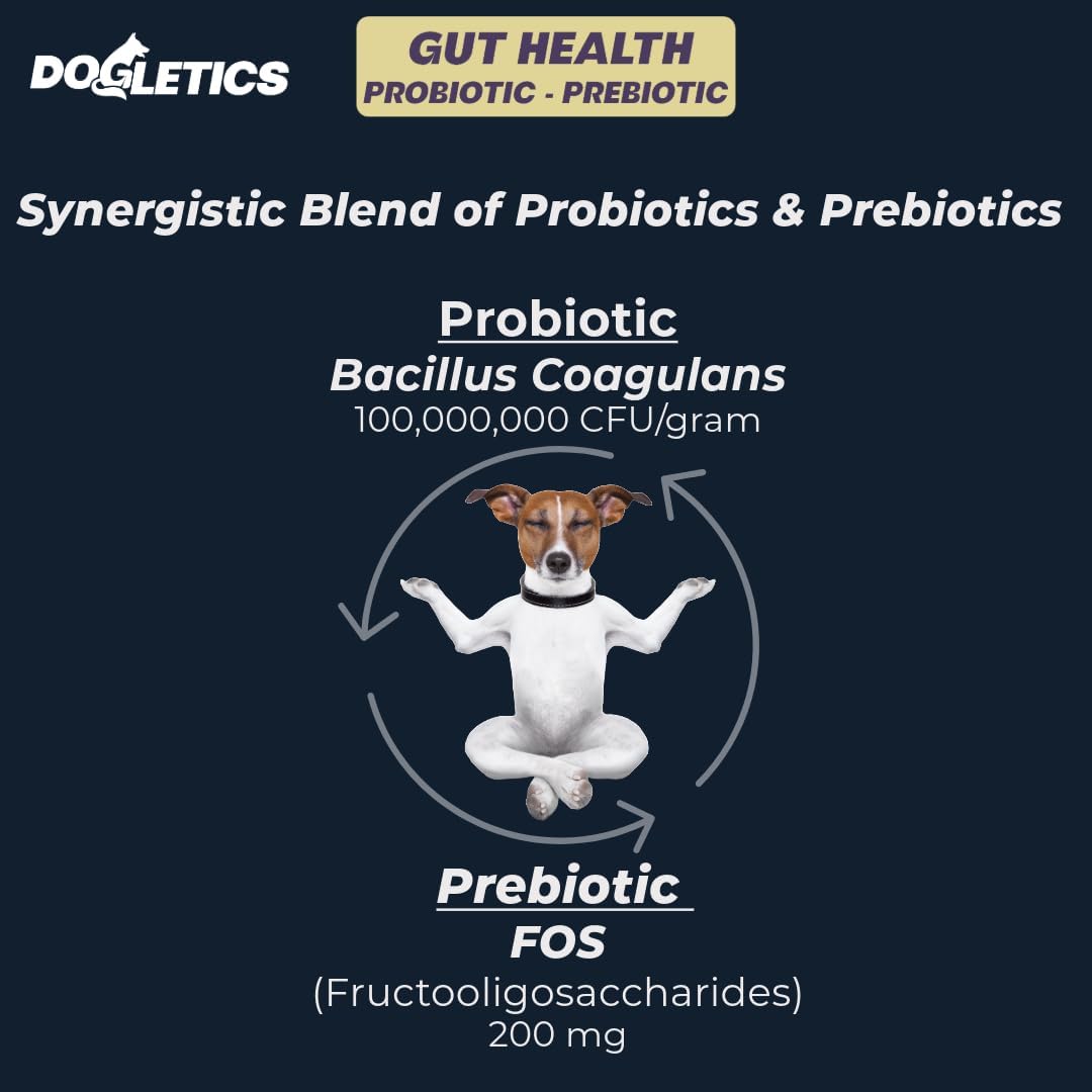 Dogletics 90ct Probiotic & Prebiotic for Gut Health - Supports Stomach Microbiome, Prevents Digestive Problems, Reduces Anal Gland Issues, Boosts Immune Function and Energy