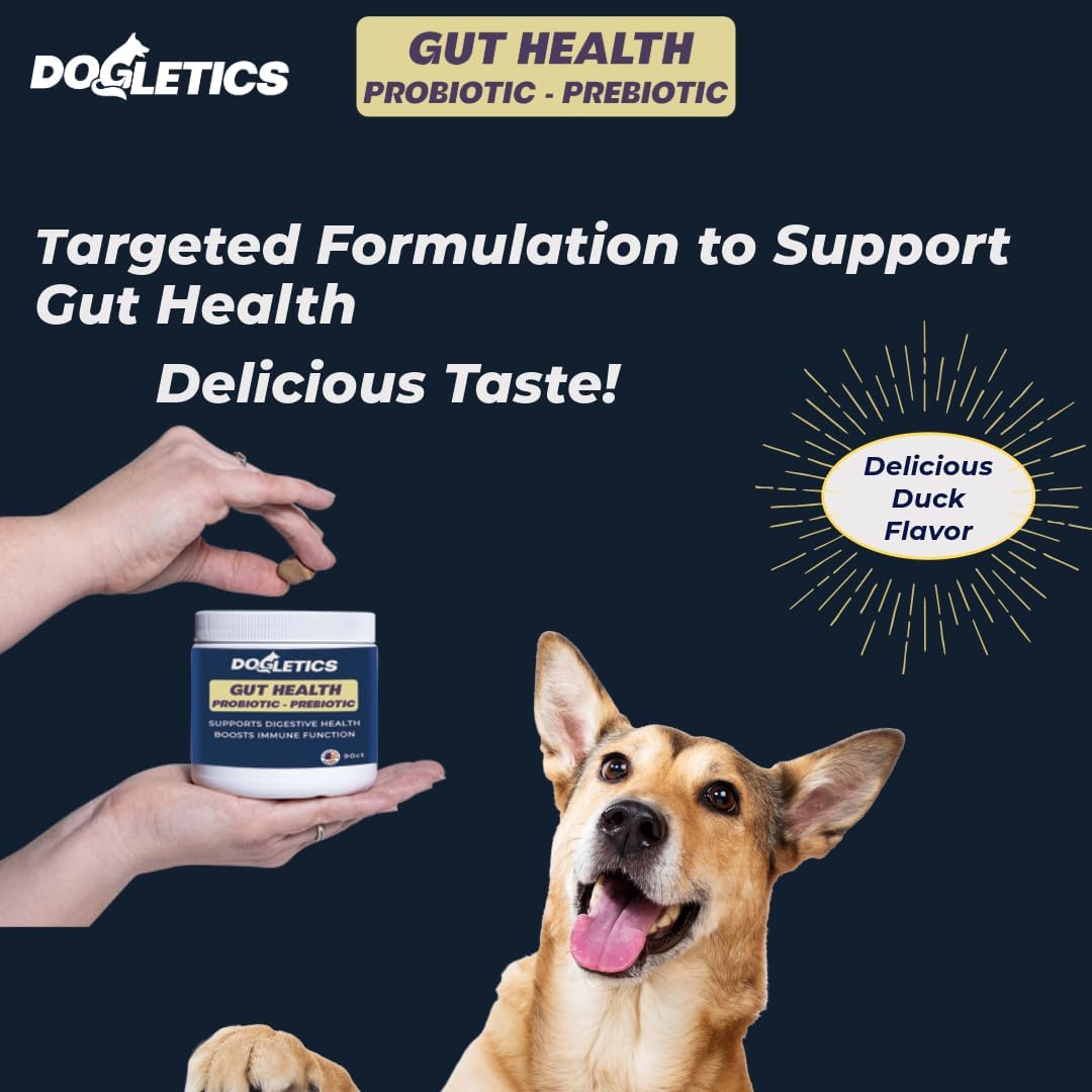 Dogletics 90ct Probiotic & Prebiotic for Gut Health - Supports Stomach Microbiome, Prevents Digestive Problems, Reduces Anal Gland Issues, Boosts Immune Function and Energy