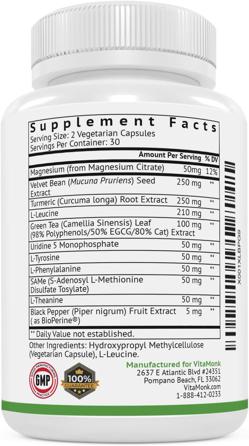 Dopamine Supplement with Uridine, Mucuna Pruriens, L-Theanine, Tyrosine - Natural Brain Boost - 60 Capsules
