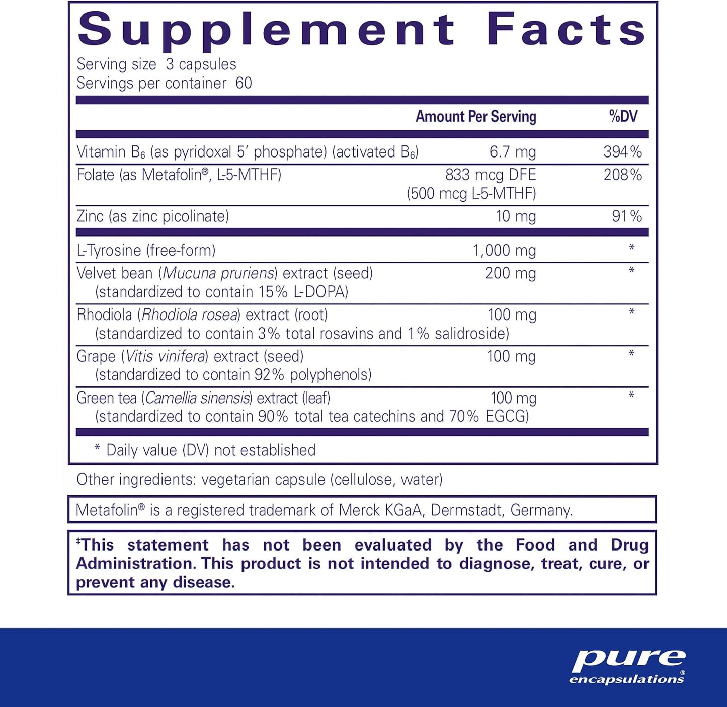 DopaPlus Capsules - Promotes Dopamine Production for Brain Function - with Folate, B6, L-5-MTHF - Non-GMO, Vegan - 180 Count
