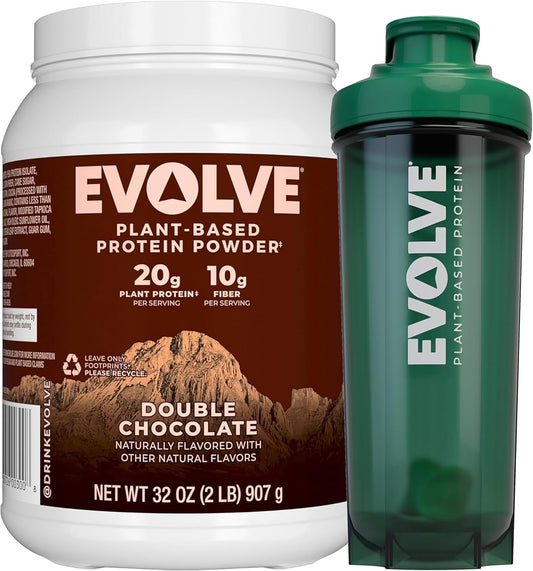 Double Chocolate Evolve Plant Based Protein Powder - 20g Vegan Protein, Dairy Free, Non-GMO, 3g Fiber - 2 lb + BPA-free Blender Bottle