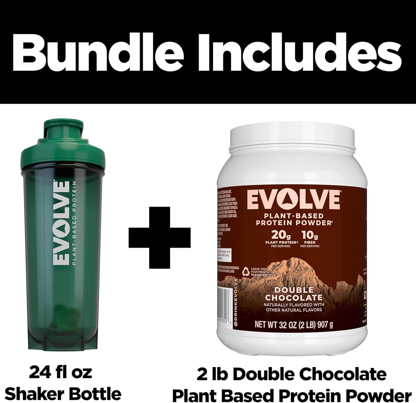 Double Chocolate Evolve Plant Based Protein Powder - 20g Vegan Protein, Dairy Free, Non-GMO, 3g Fiber - 2 lb + BPA-free Blender Bottle
