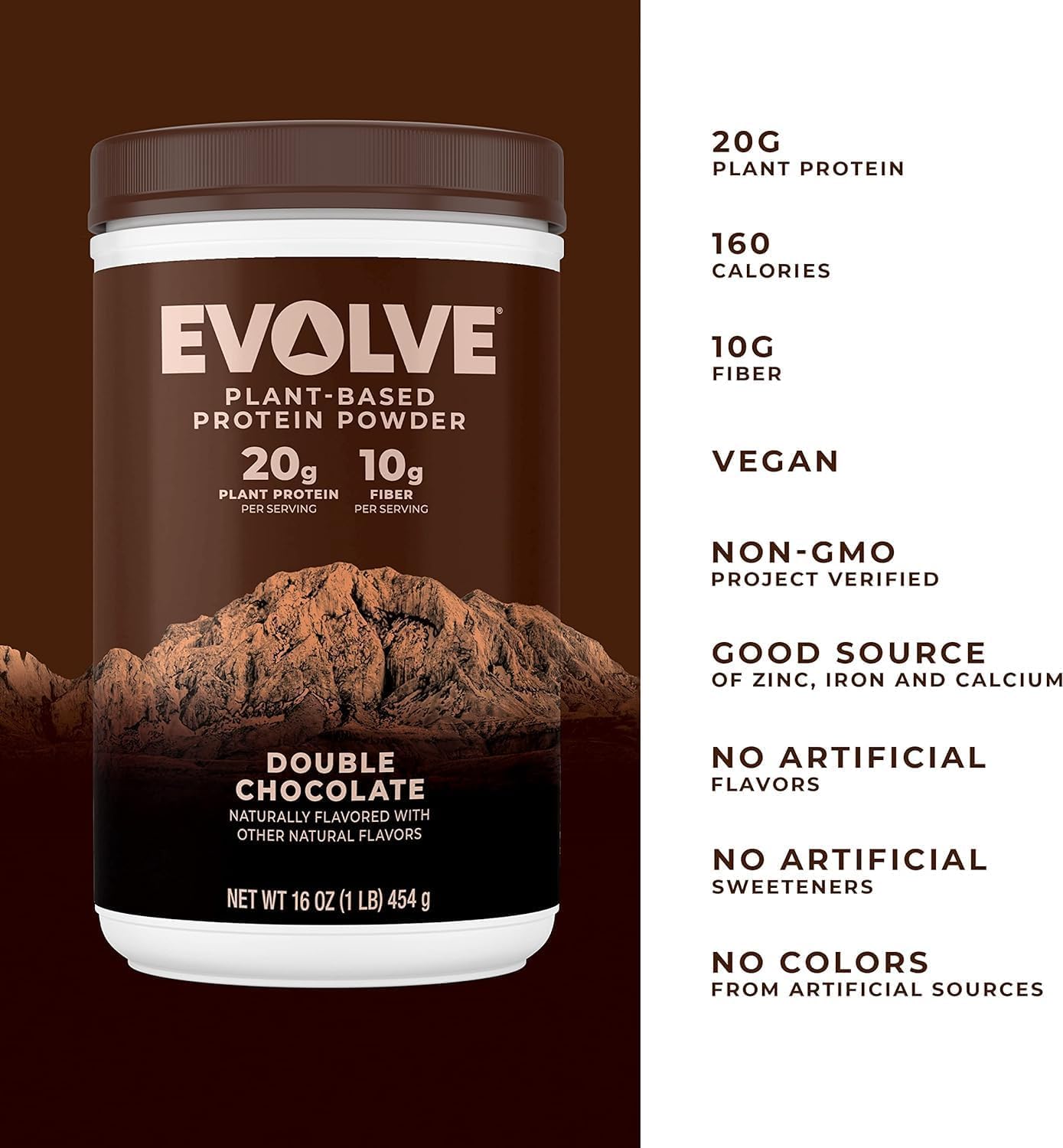 Double Chocolate Evolve Plant Based Protein Powder - 20g Vegan Protein, Dairy Free, Non-GMO, 3g Fiber - 2 lb + BPA-free Blender Bottle