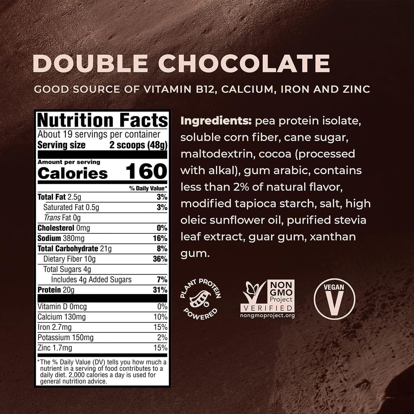 Double Chocolate Evolve Plant Based Protein Powder - 20g Vegan Protein, Dairy Free, Non-GMO, 3g Fiber - 2 lb + BPA-free Blender Bottle