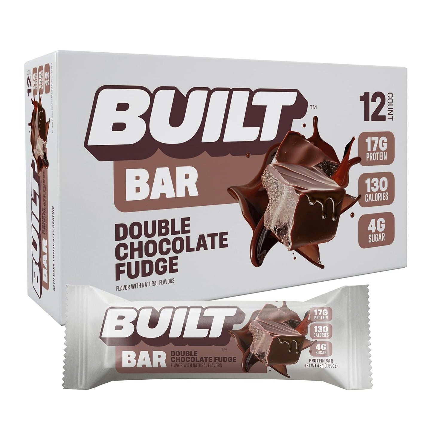 Double Chocolate Fudge Built Bar, 17g Protein Snack, Low Calorie On-The-Go Bars, 12 Count