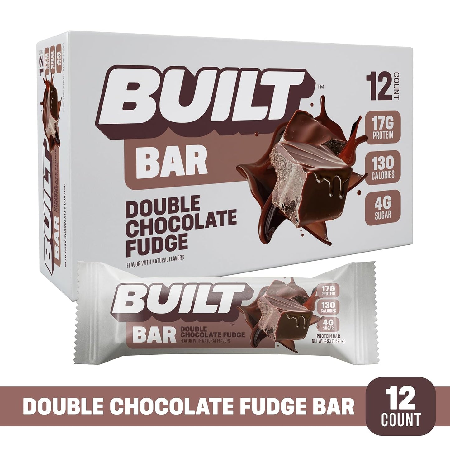 Double Chocolate Fudge Built Bar, 17g Protein Snack, Low Calorie On-The-Go Bars, 12 Count