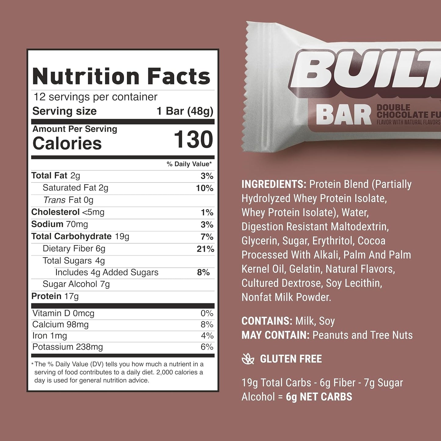 Double Chocolate Fudge Built Bar, 17g Protein Snack, Low Calorie On-The-Go Bars, 12 Count