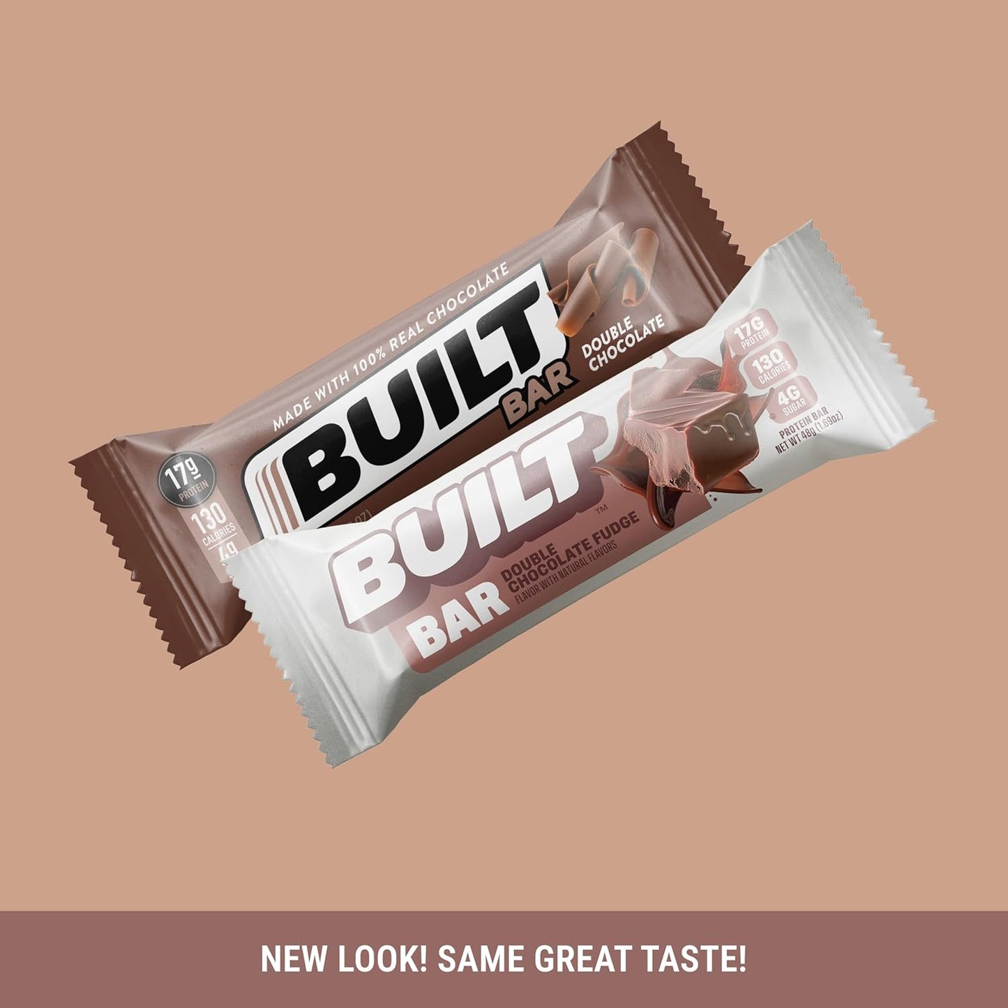 Double Chocolate Fudge Built Bar, 17g Protein Snack, Low Calorie On-The-Go Bars, 12 Count