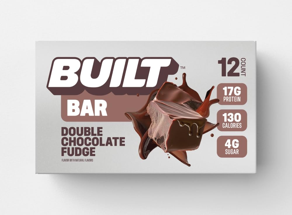 Double Chocolate Fudge Built Bar, 17g Protein Snack, Low Calorie On-The-Go Bars, 12 Count