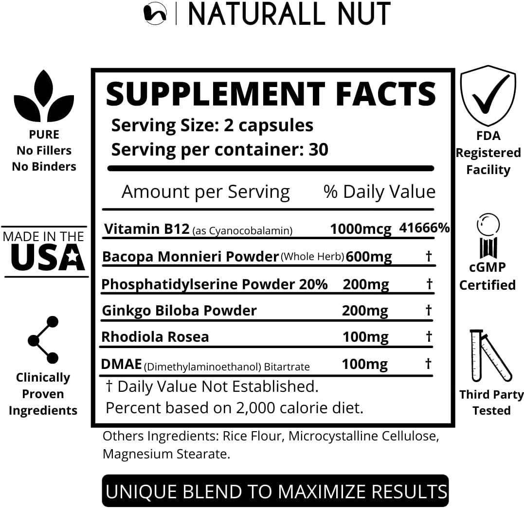 Double Nootropic Formula for Memory and Focus with Ginkgo Biloba and Bacopa Monnieri - Brain Supplements for Women & Men