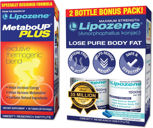 Double Pack Lipozene Weight Loss Pills with MetaboUp Plus Thermogenic Supplement - Appetite Suppressant for Effective Results