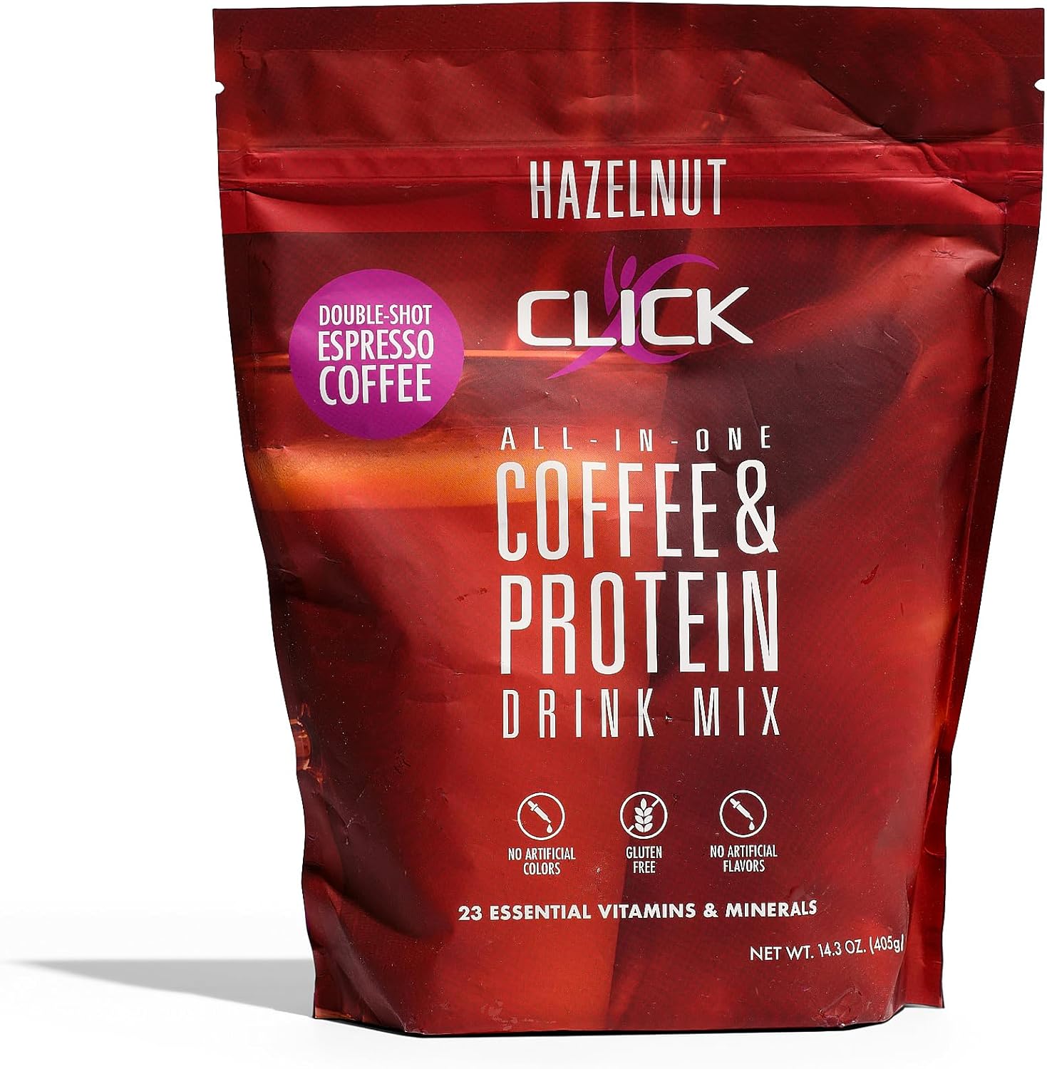 Double Shot Espresso Click Coffee Protein Powder - 16g Protein, 23 Vitamins, Low Calorie Meal Replacement - Hazelnut Flavor