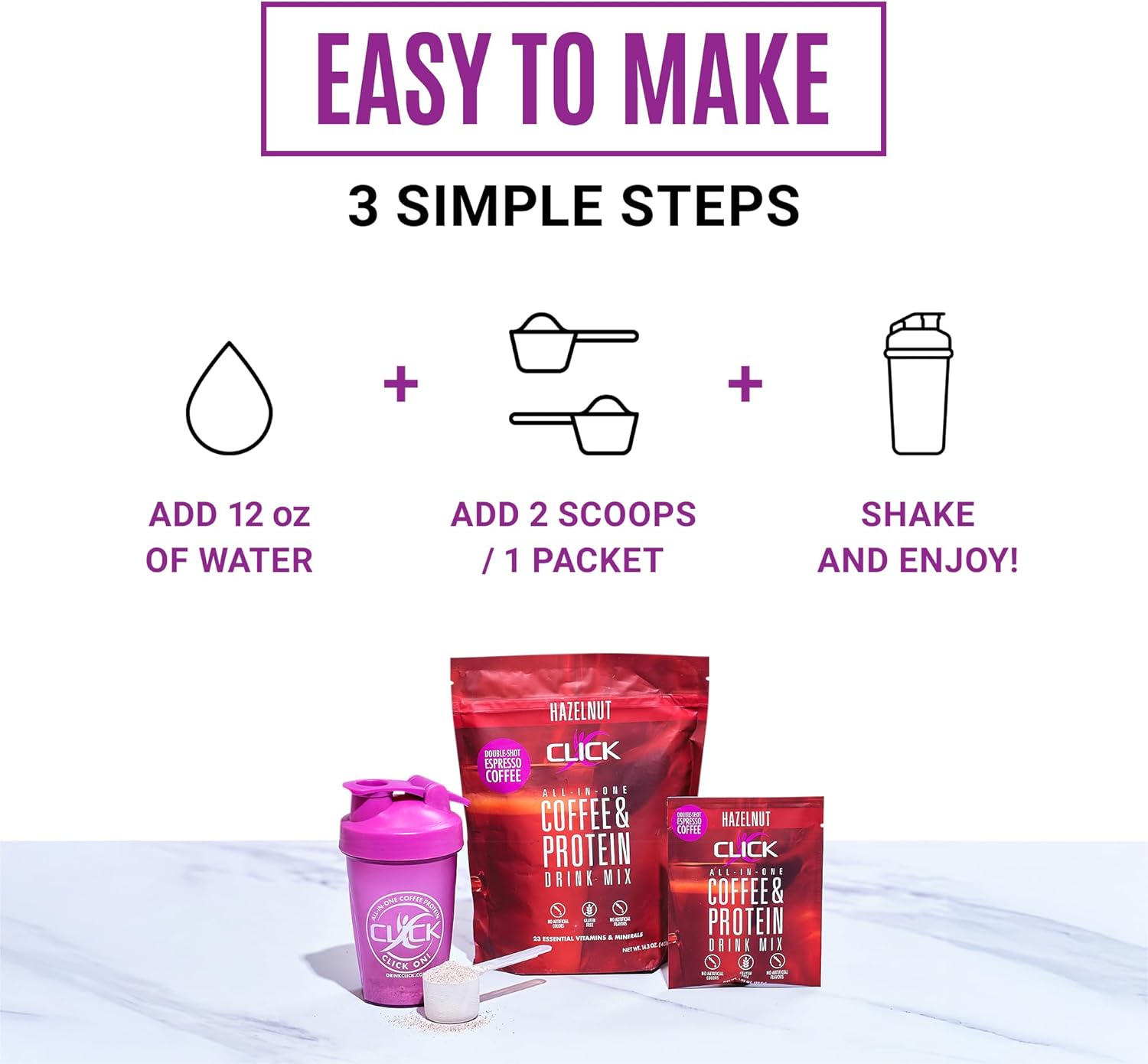 Double Shot Espresso Click Coffee Protein Powder - 16g Protein, 23 Vitamins, Low Calorie Meal Replacement - Hazelnut Flavor