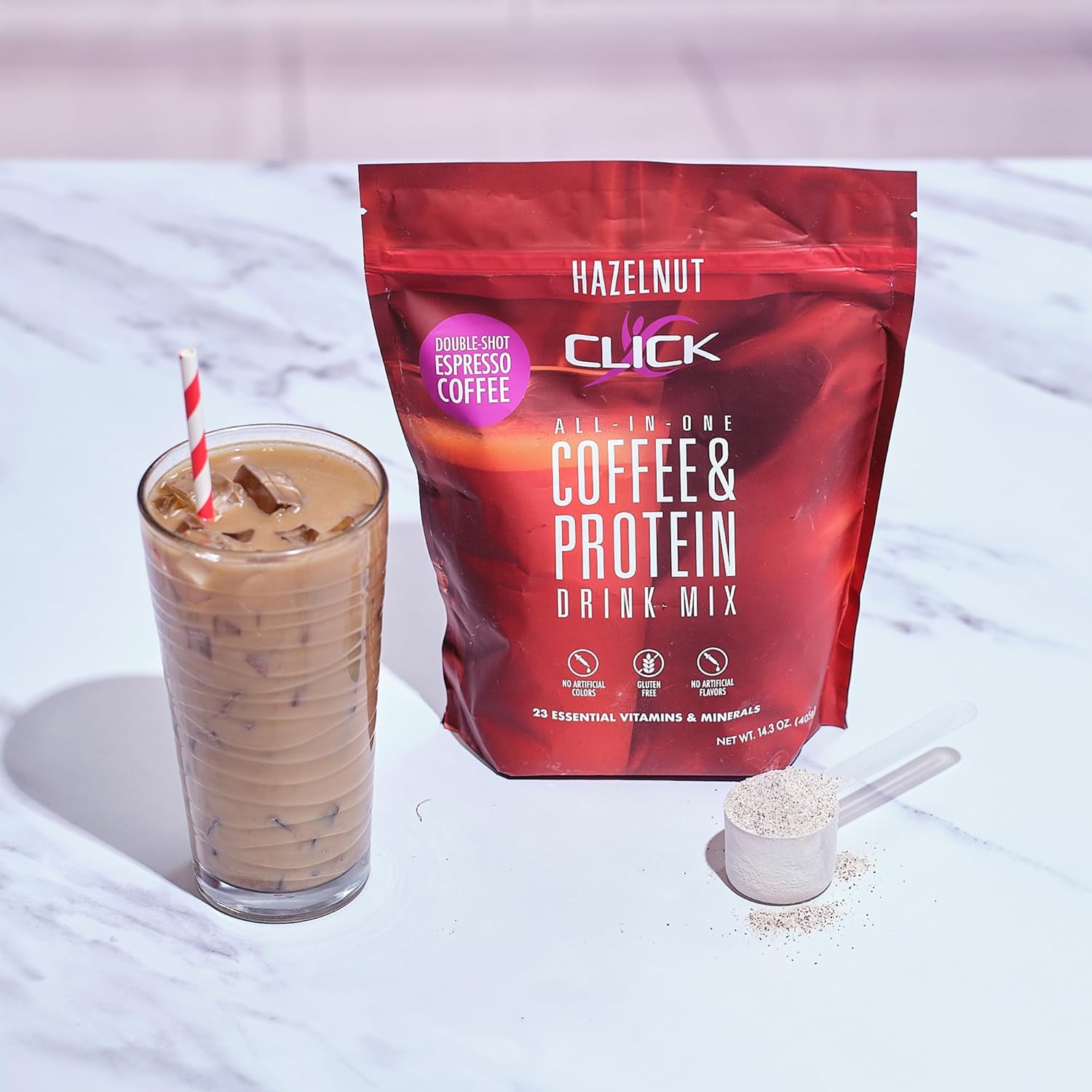 Double Shot Espresso Click Coffee Protein Powder - 16g Protein, 23 Vitamins, Low Calorie Meal Replacement - Hazelnut Flavor