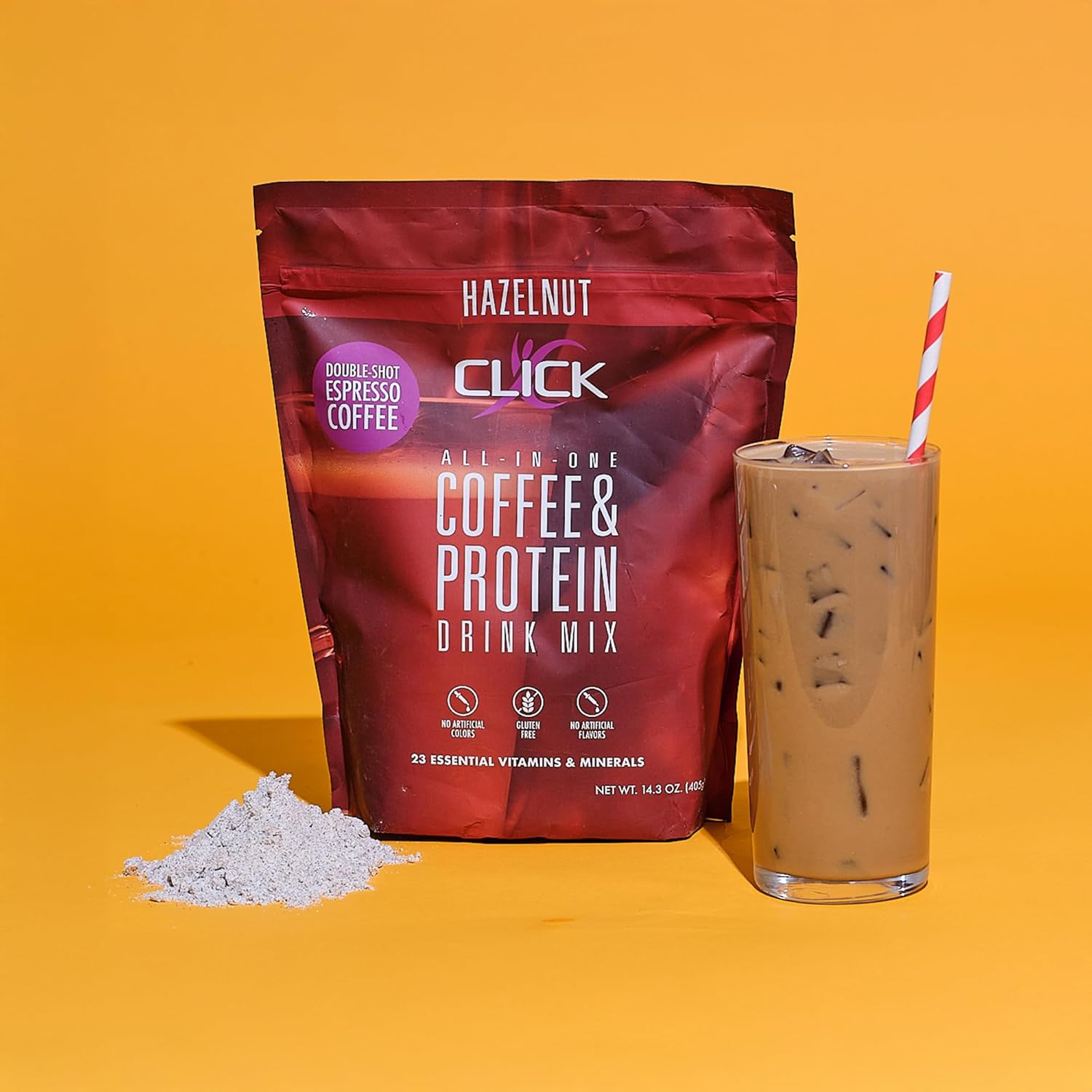 Double Shot Espresso Click Coffee Protein Powder - 16g Protein, 23 Vitamins, Low Calorie Meal Replacement - Hazelnut Flavor