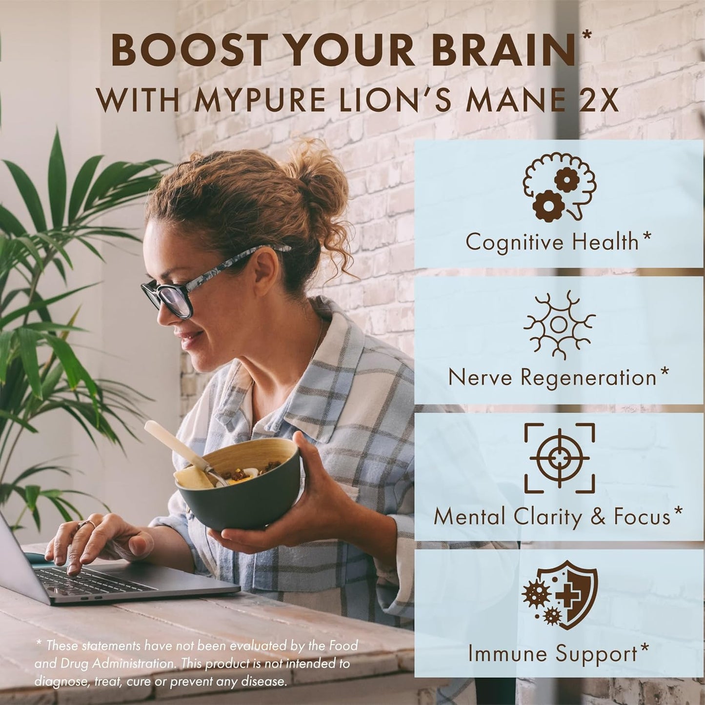 Double Strength Lion's Mane Brain Support Supplement - 100% Organic Fruiting Body for Cognitive Health, Focus, Memory & Mental Clarity - 60 Capsules by PURE ESSENCE LABS